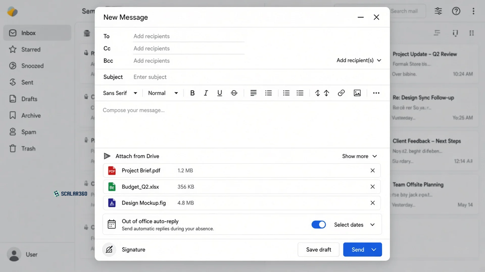 Compose window with signature, attachments and an out-of-office switch