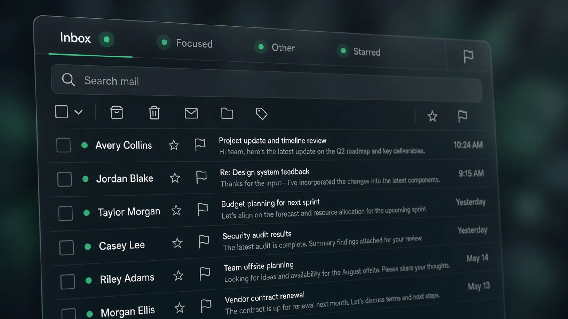 Inbox with categories, search and starred messages