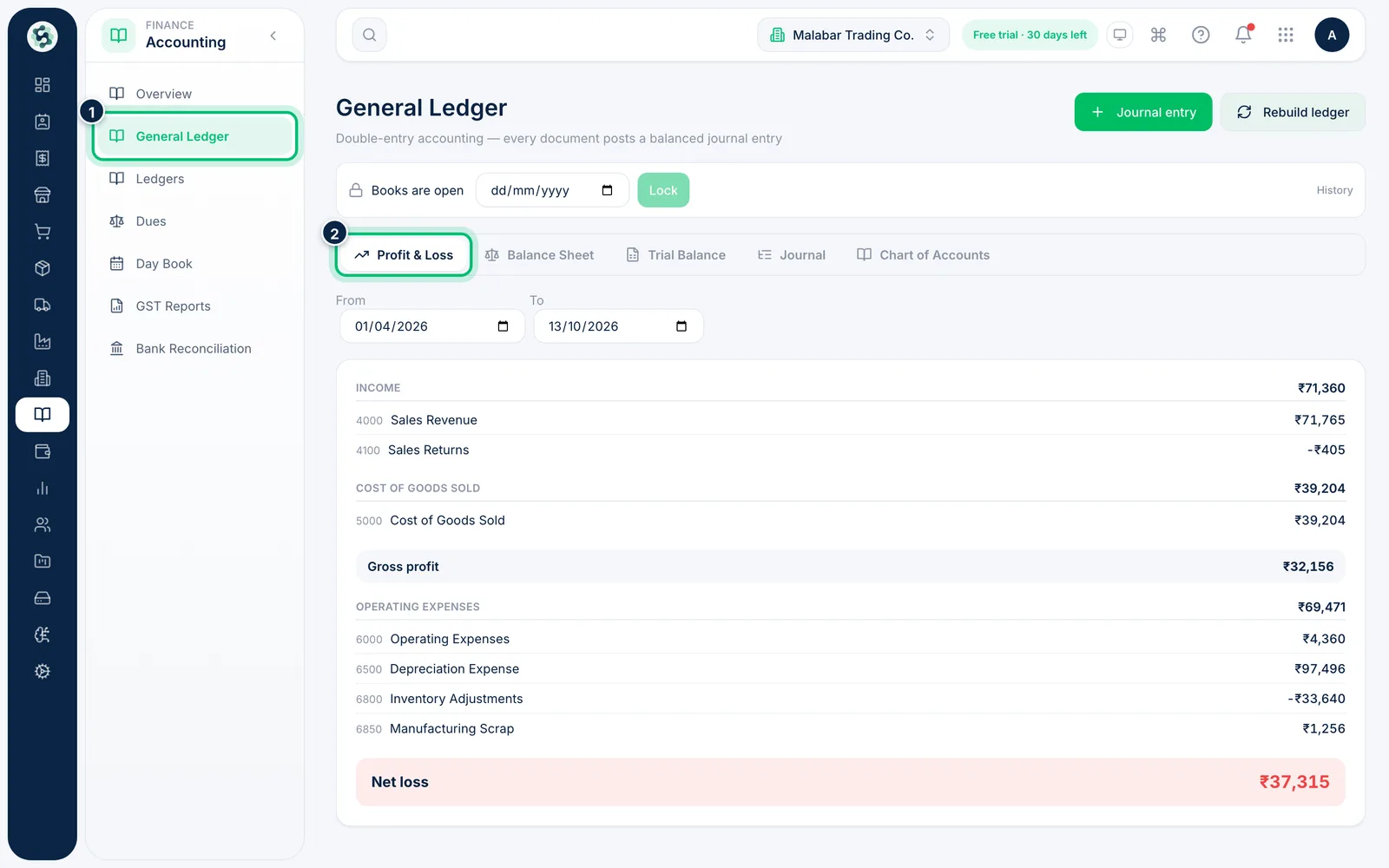 Scalar360 screen: Open the General Ledger
