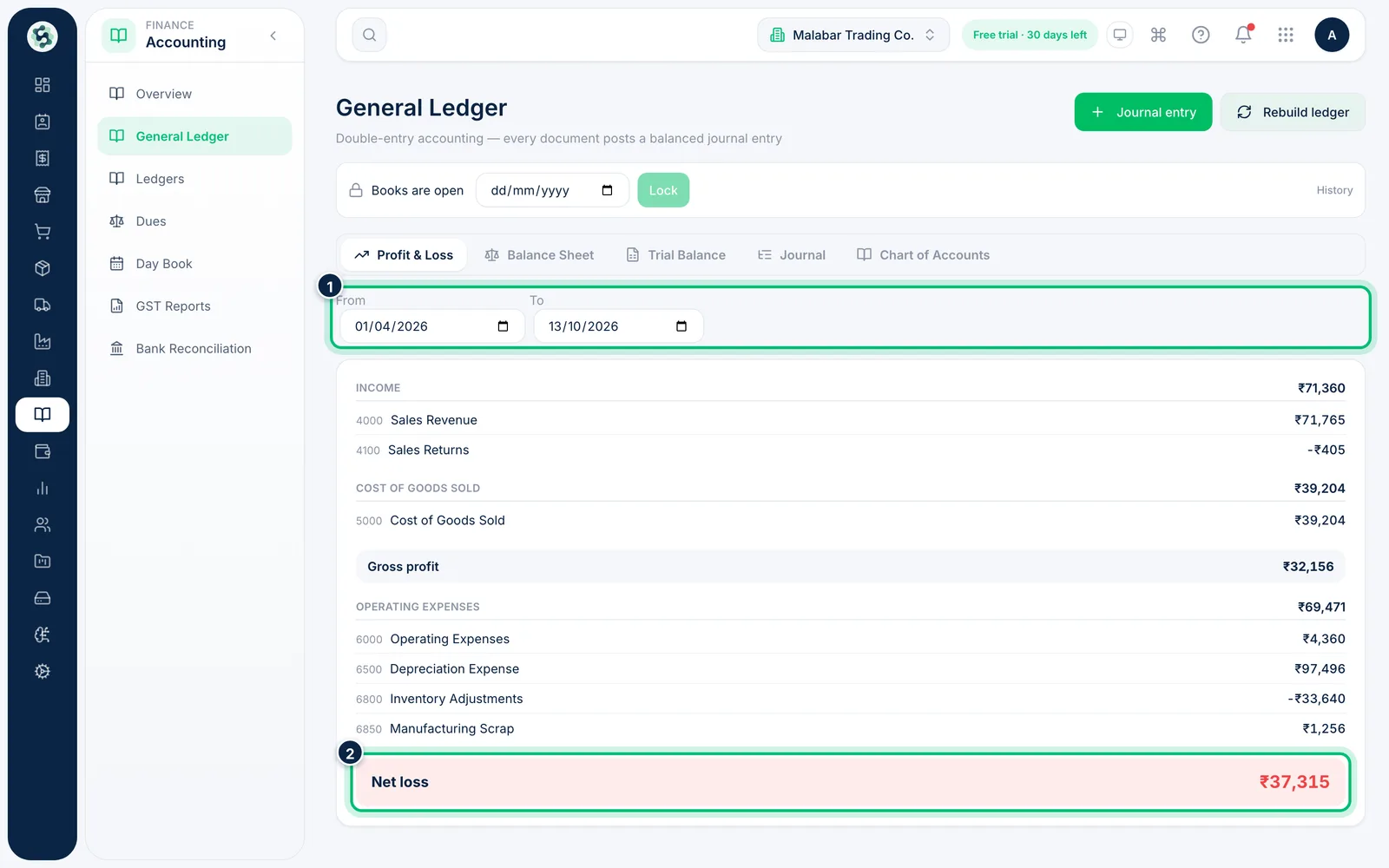 Scalar360 screen: Choose the period for your P&L