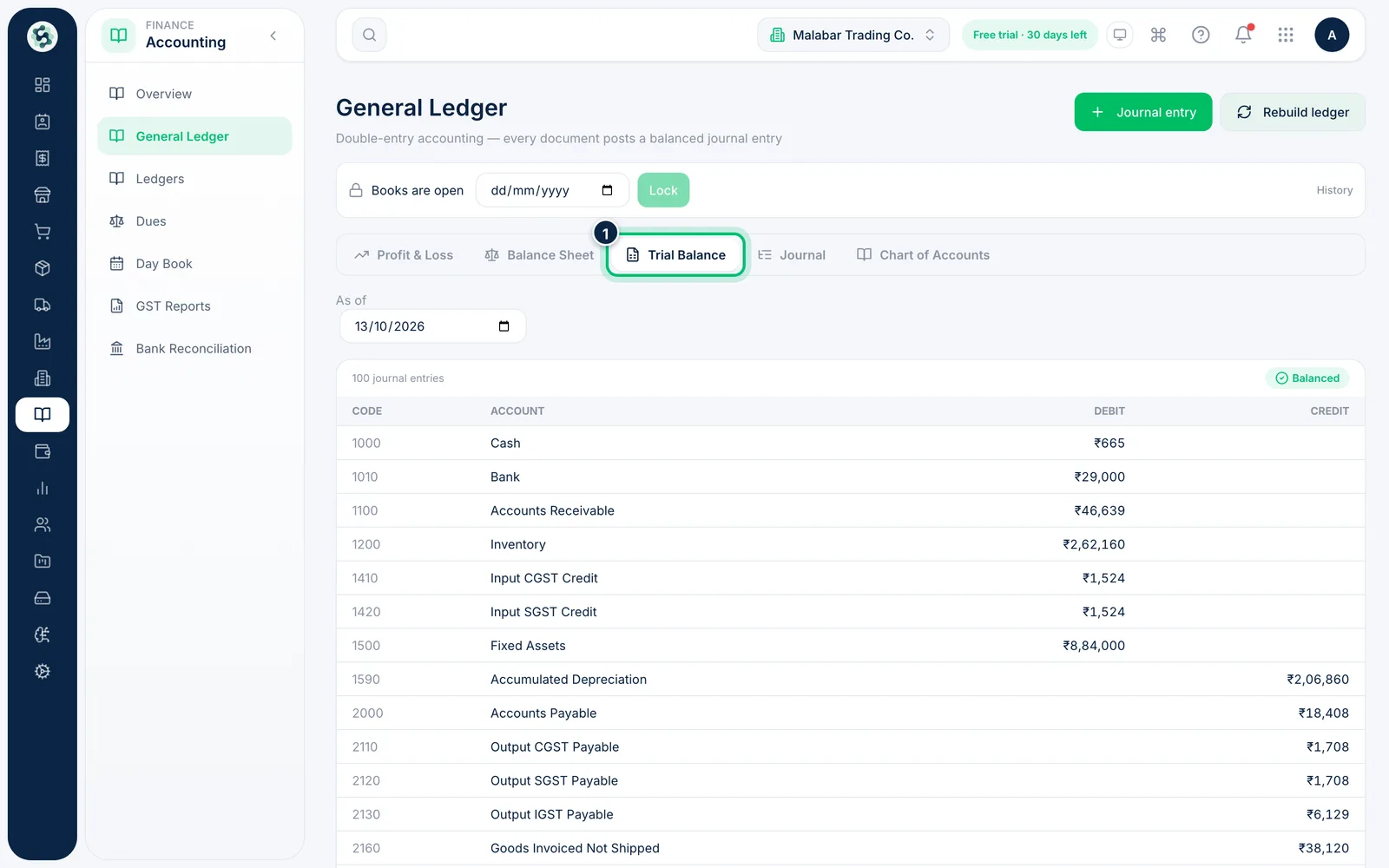 Scalar360 screen: Review the trial balance