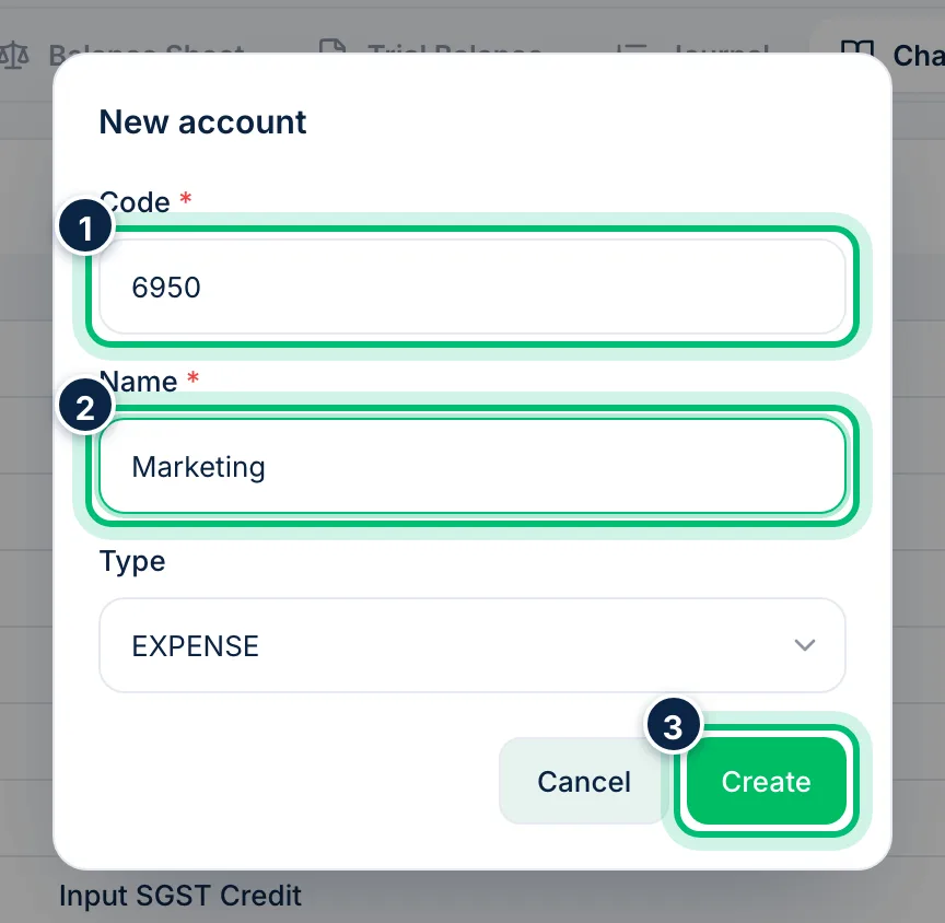 Scalar360 screen: Browse the chart of accounts