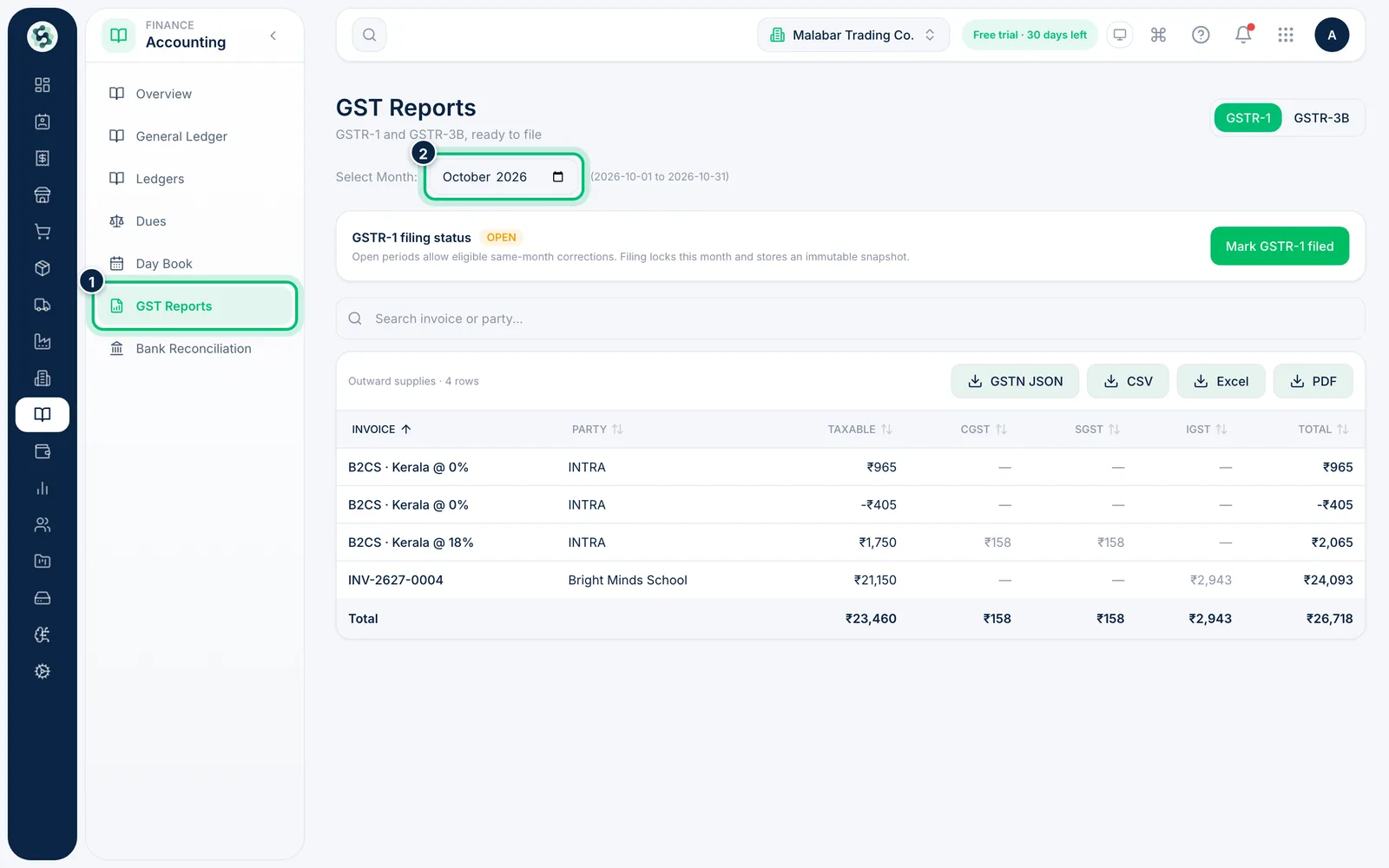 Scalar360 screen: Open GST Reports and pick the month