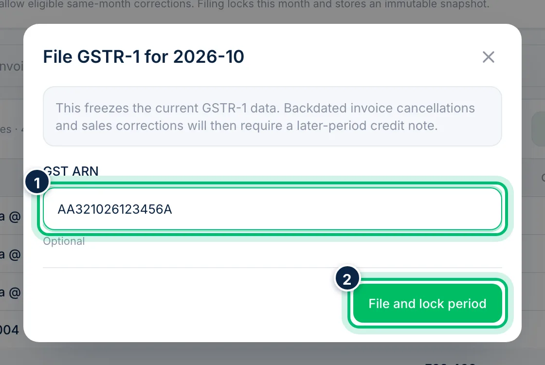 Scalar360 screen: Mark GSTR-1 as filed