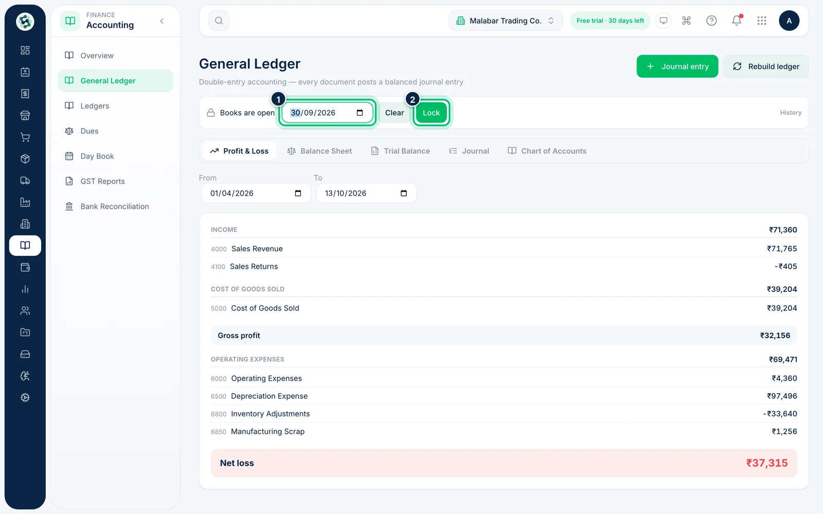 Scalar360 screen: Choose the lock date and lock