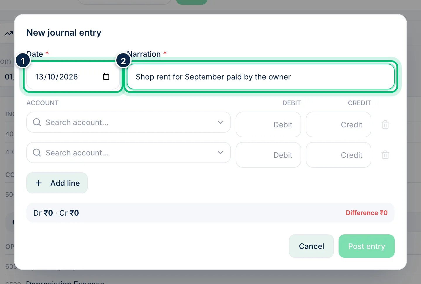 Scalar360 screen: Add the date and narration