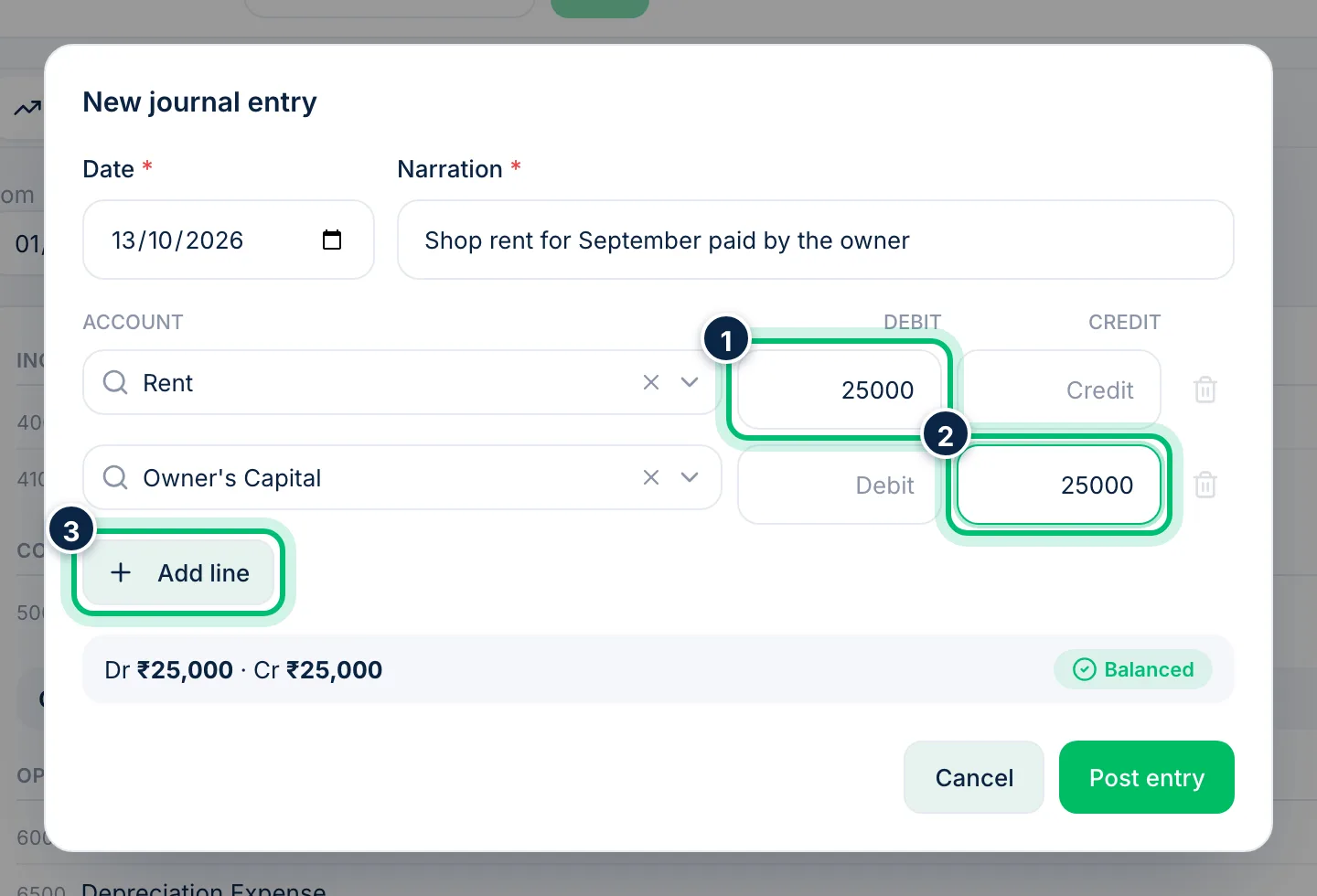 Scalar360 screen: Enter the debit and credit lines