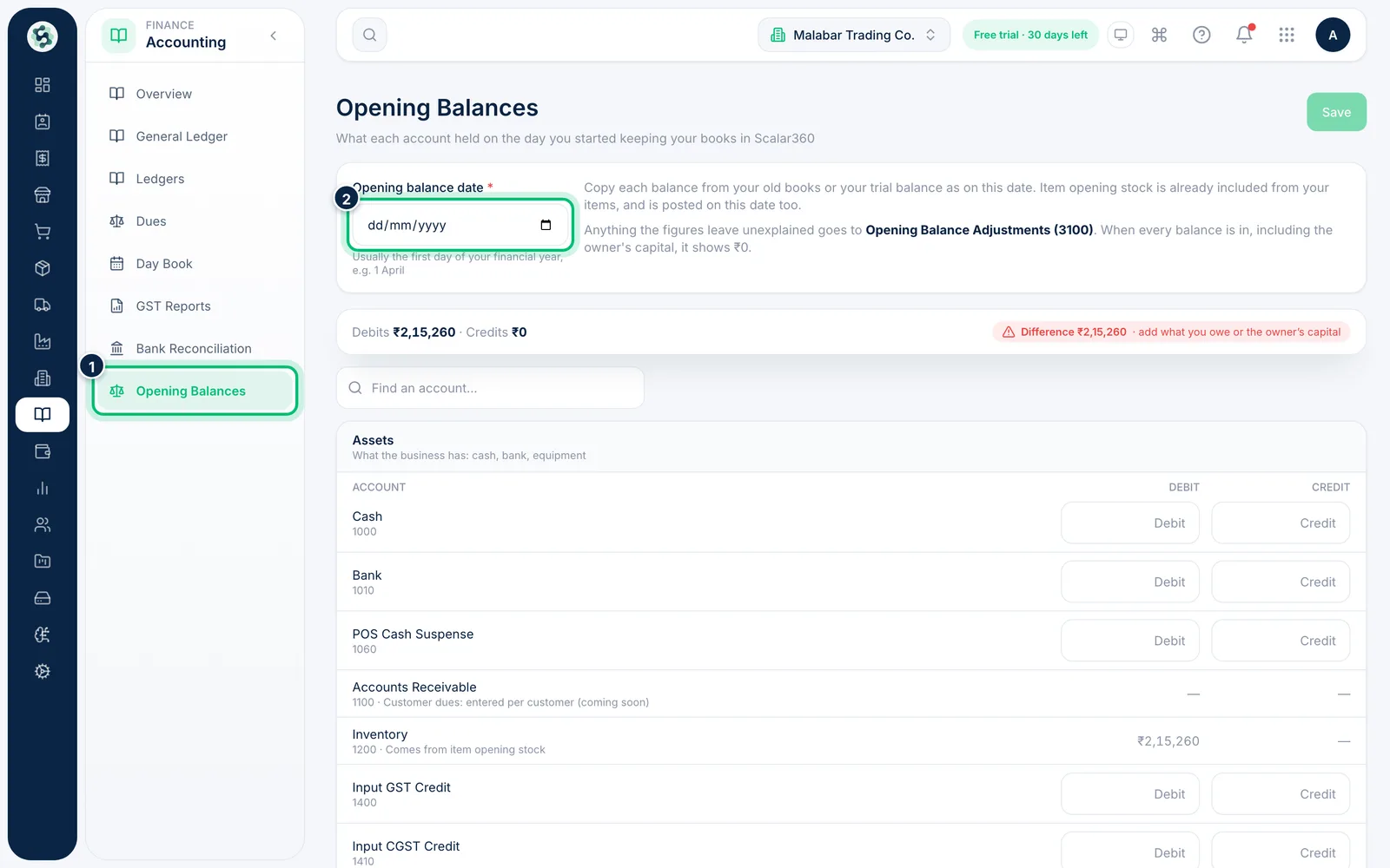 Scalar360 screen: Open Opening Balances and set the date