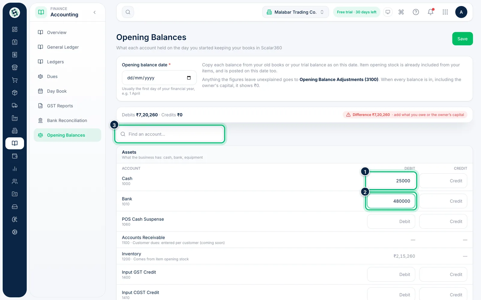 Scalar360 screen: Enter your assets