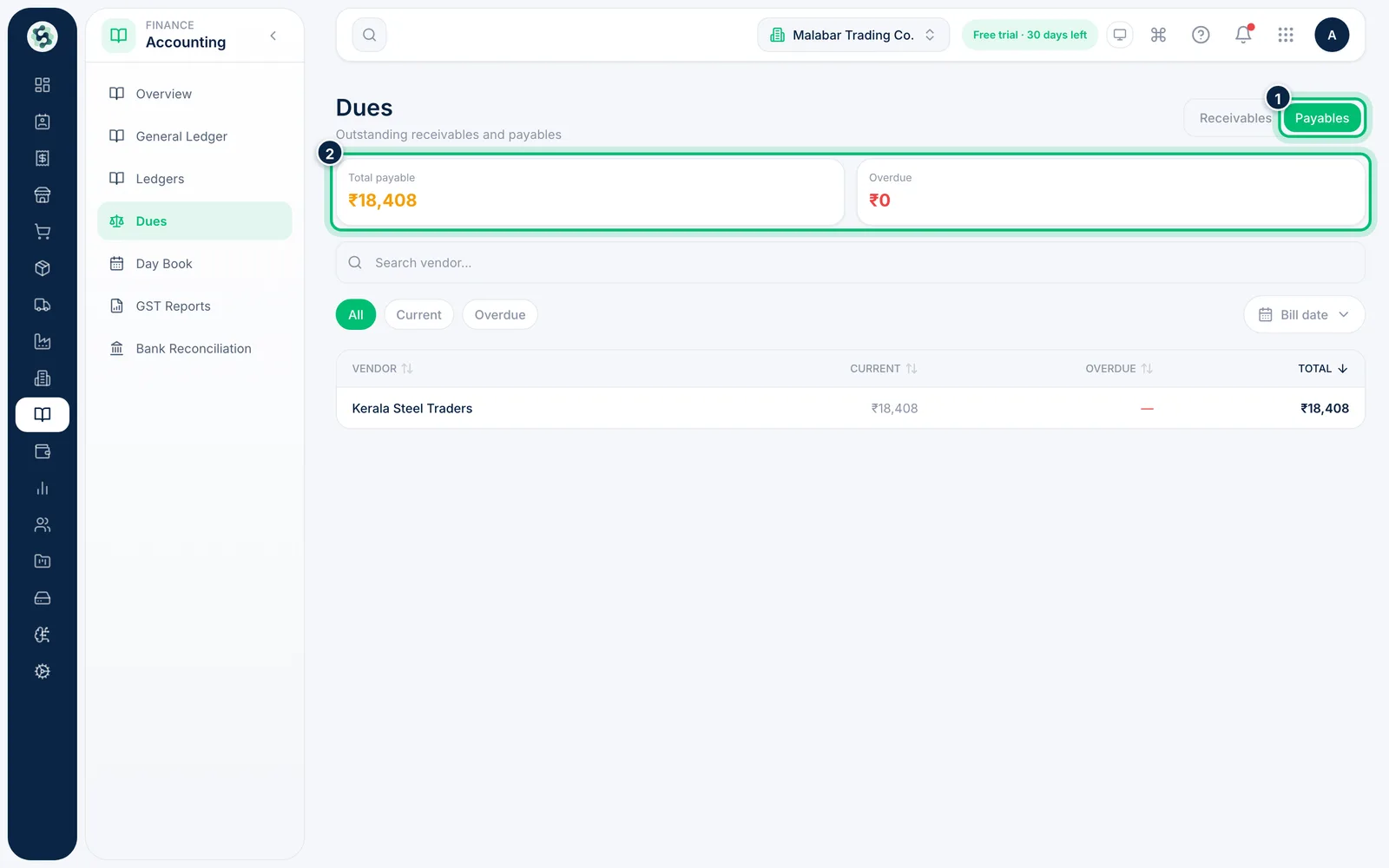 Scalar360 screen: Switch to payables