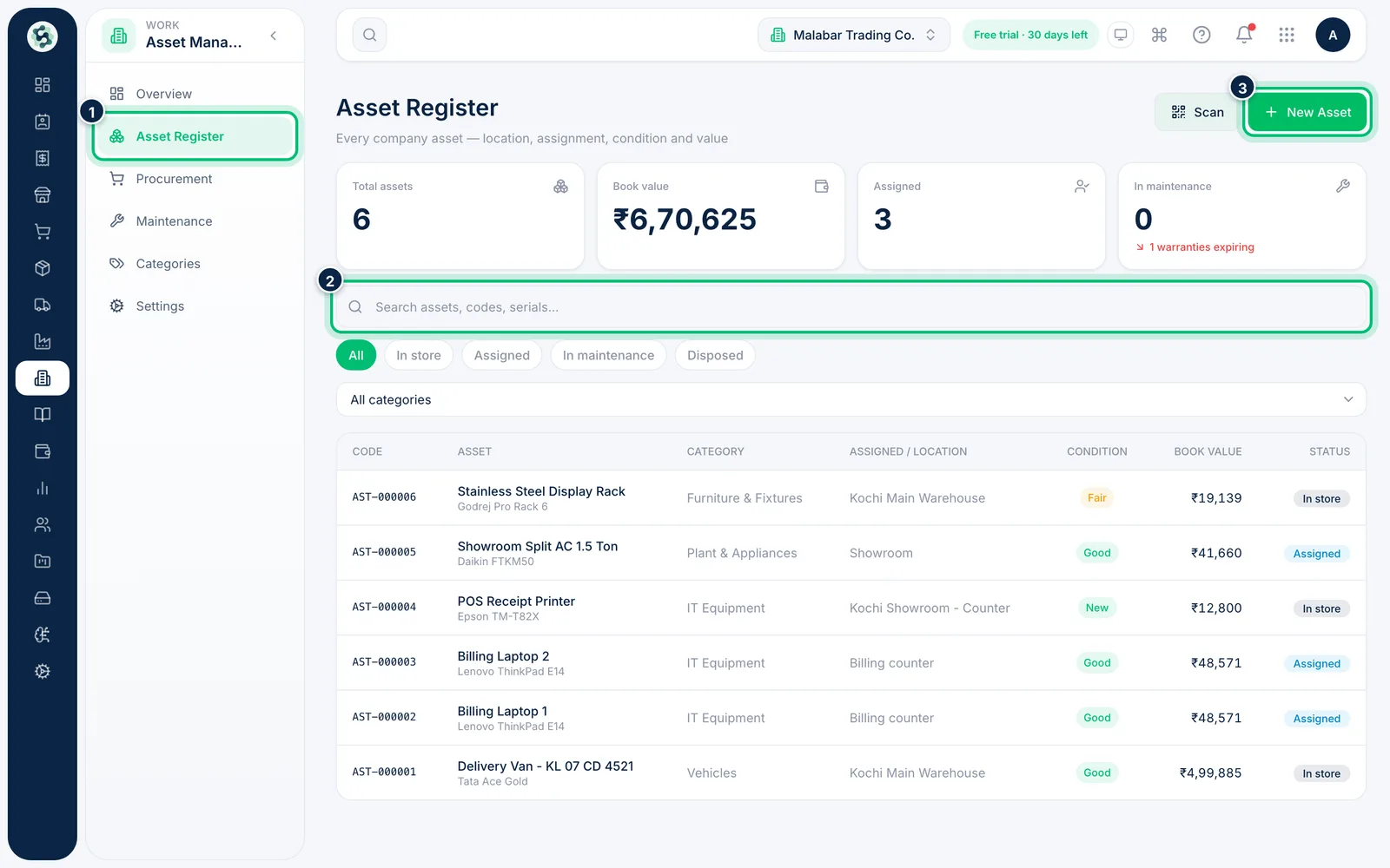 Scalar360 screen: Open the Asset Register and start a new asset
