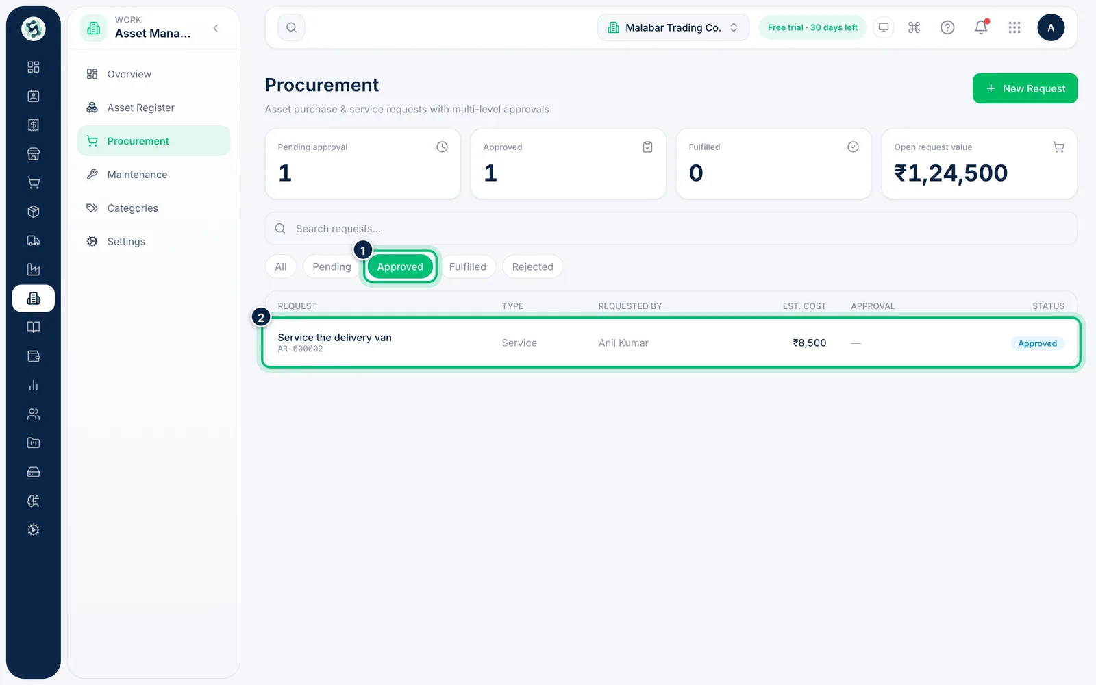 Scalar360 screen: Create the asset from an approved request