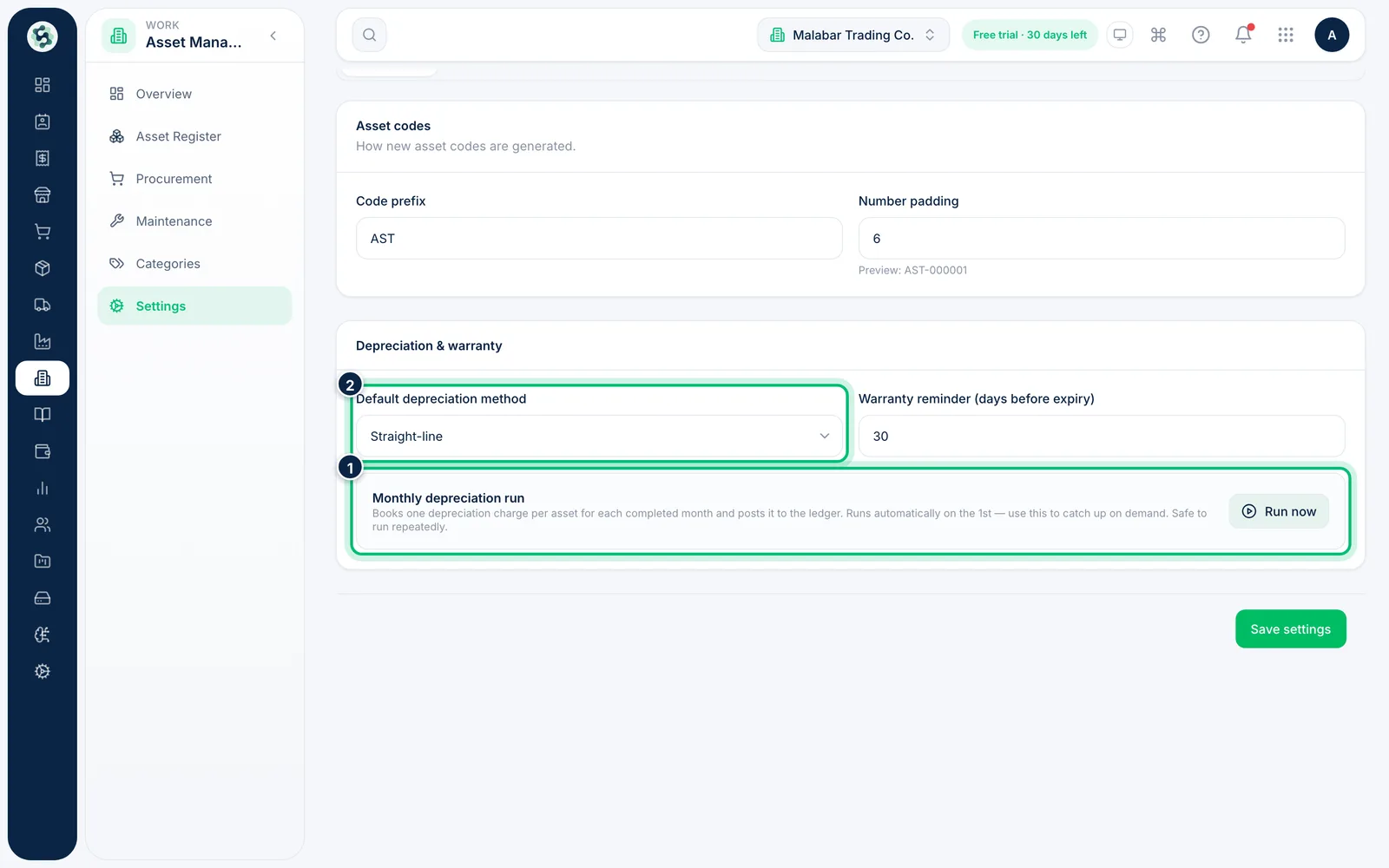 Scalar360 screen: Book depreciation to the ledger