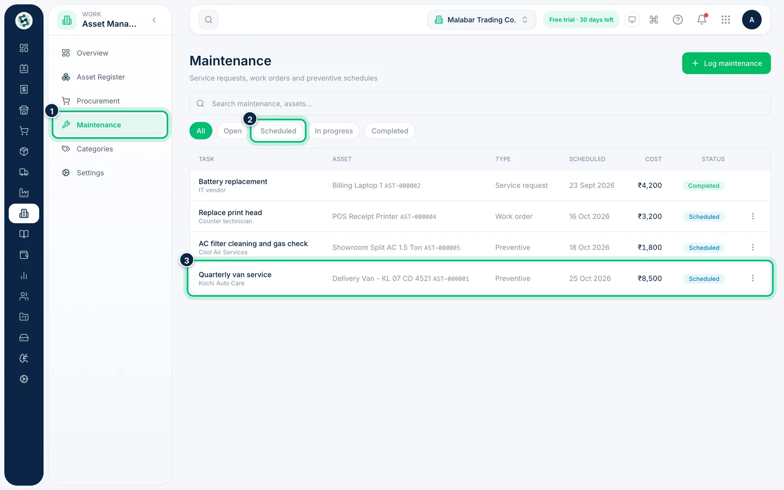 Scalar360 screen: Open Maintenance