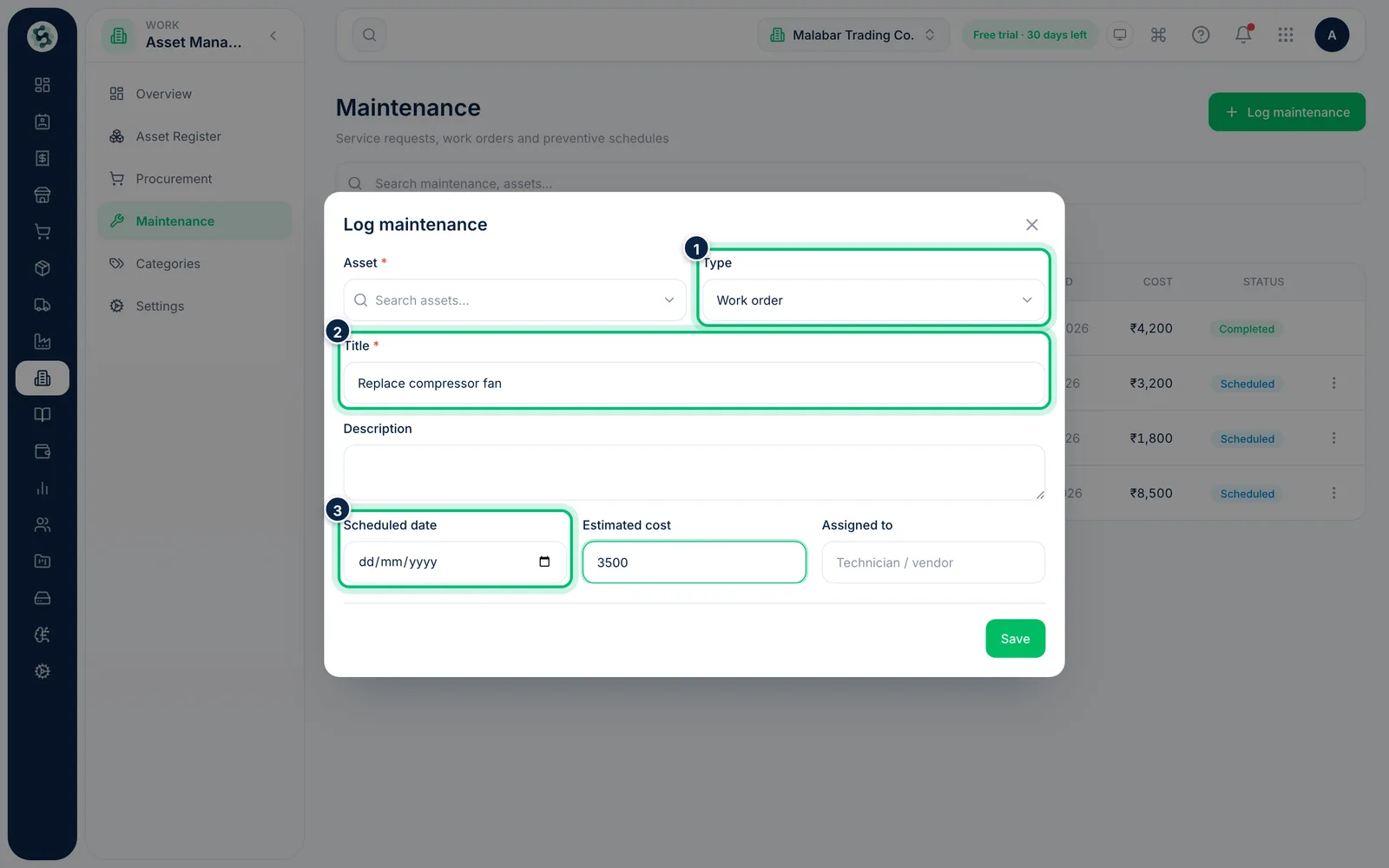 Scalar360 screen: Log a job against an asset