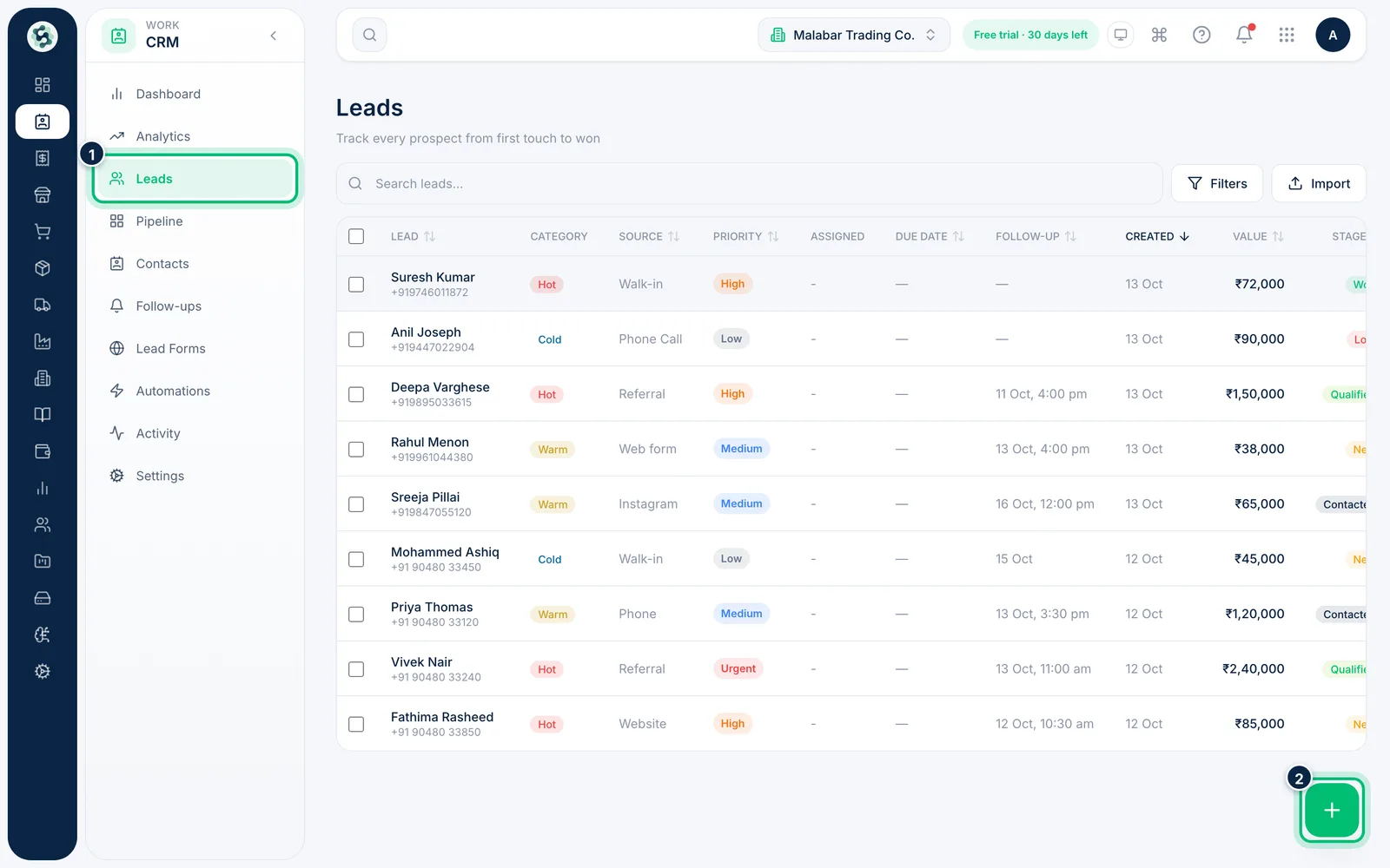 Scalar360 screen: Open Leads and start a new lead