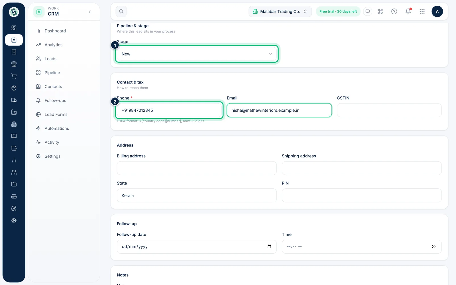 Scalar360 screen: Choose the stage and add contact details