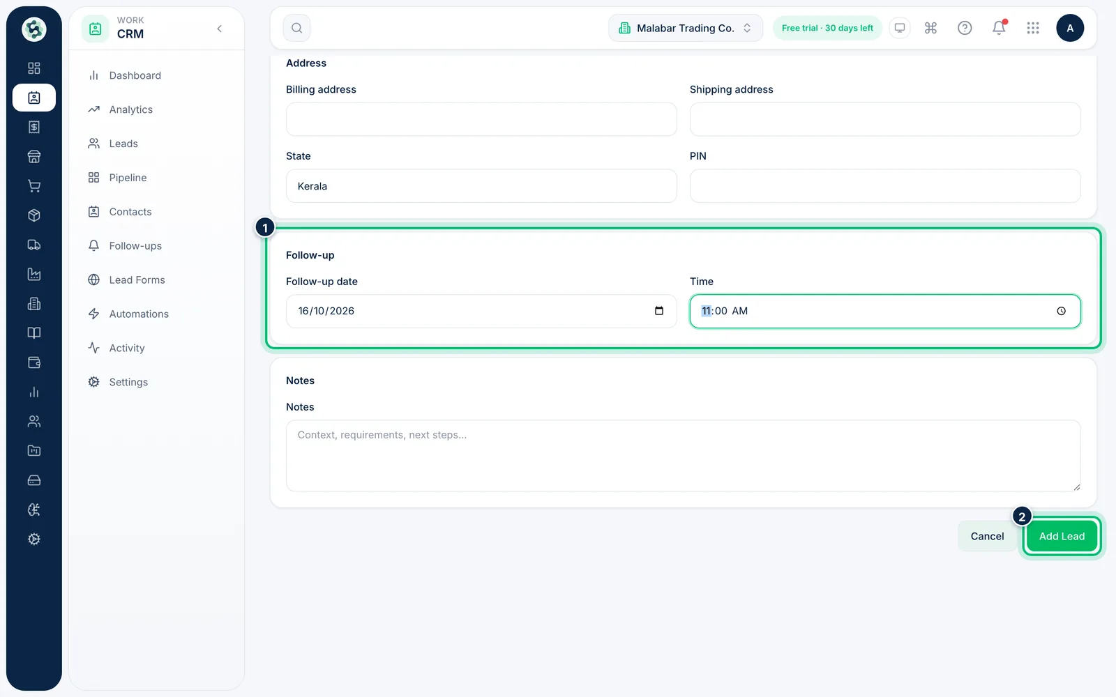 Scalar360 screen: Set a follow-up and save
