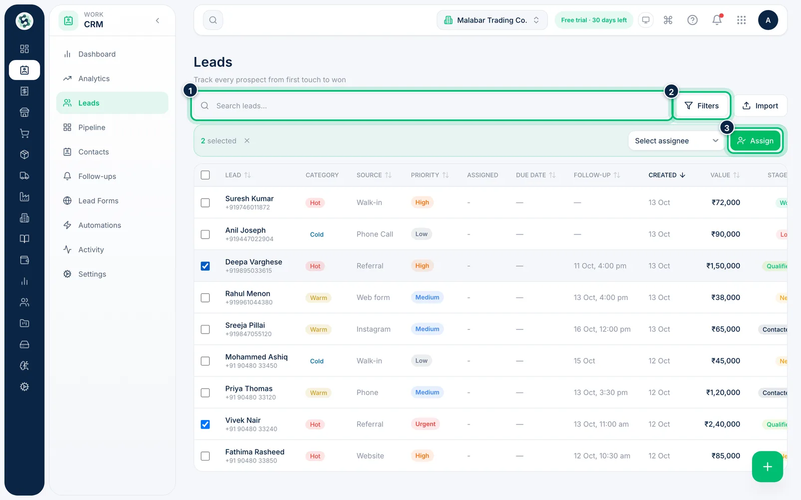 Scalar360 screen: Find, filter and assign leads