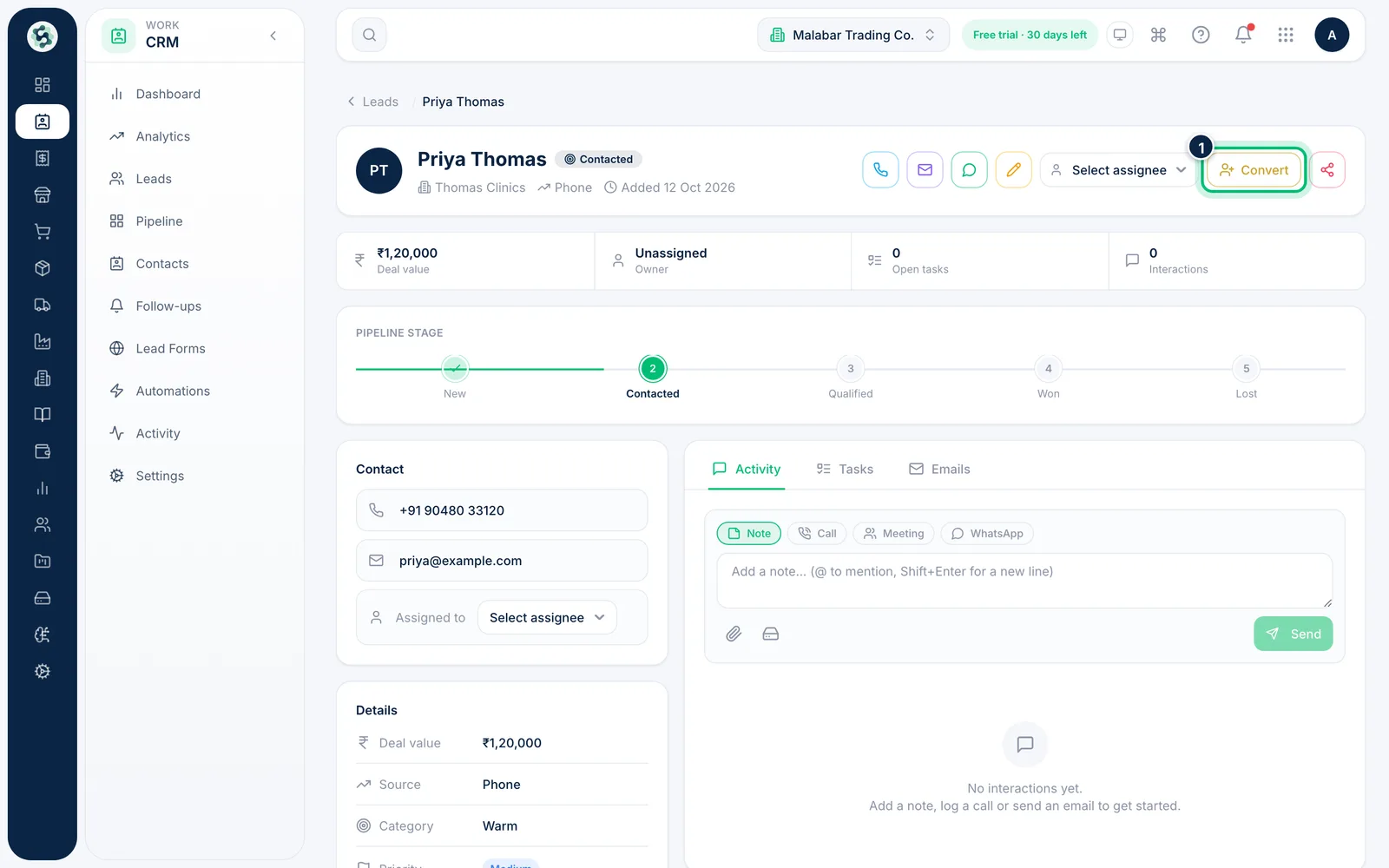 Scalar360 screen: Open the lead and choose Convert