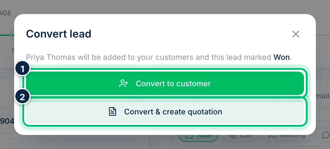 Scalar360 screen: Convert to a customer, or go straight to a quote