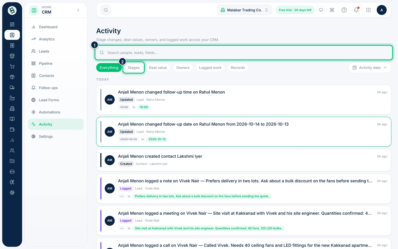 Scalar360 screen: Review recent activity