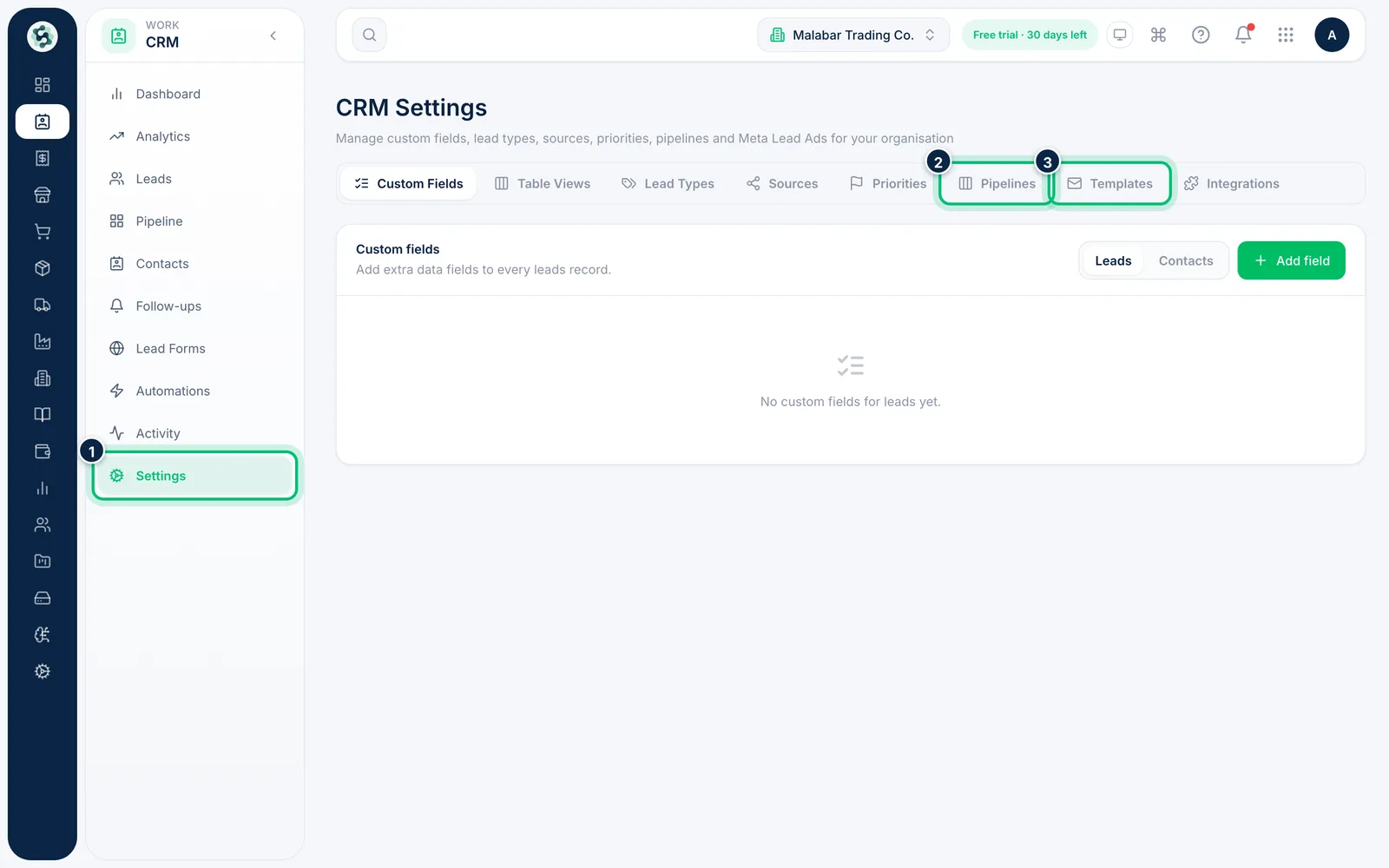 Scalar360 screen: Open CRM settings