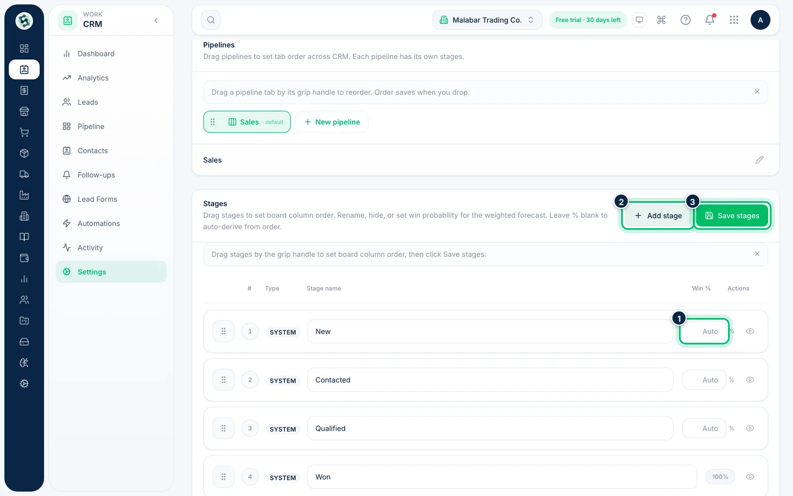 Scalar360 screen: Edit a pipeline's stages