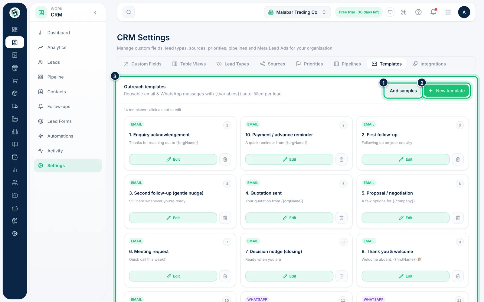 Scalar360 screen: Manage outreach templates