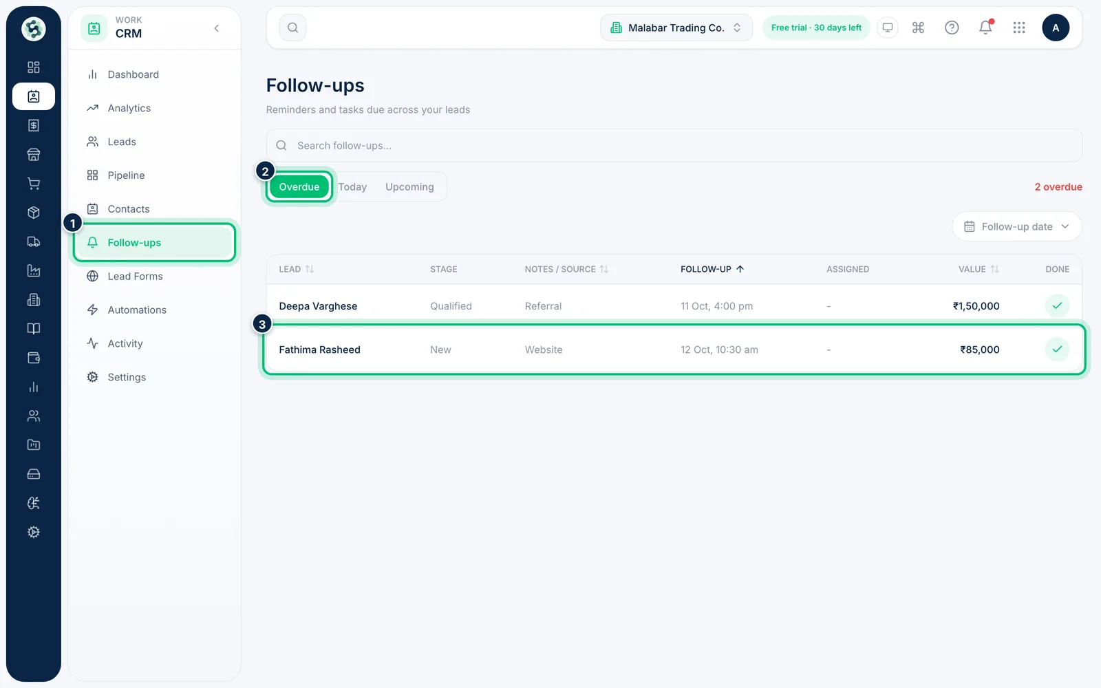 Scalar360 screen: Open Follow-ups