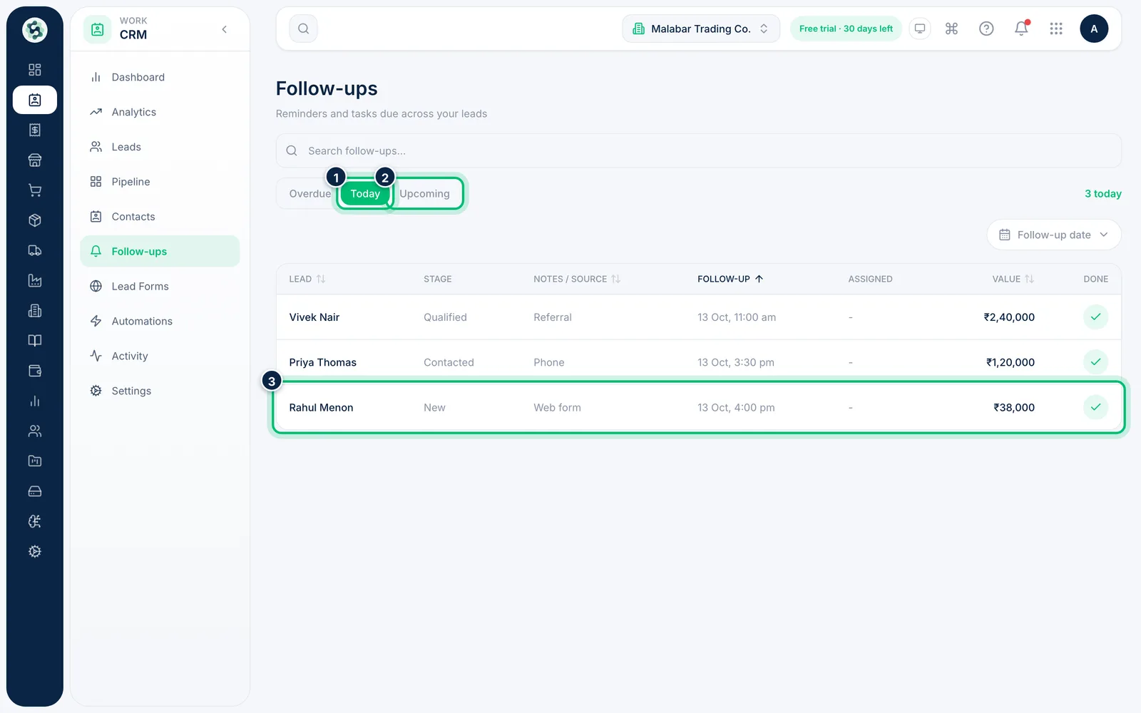 Scalar360 screen: Check today's and upcoming follow-ups