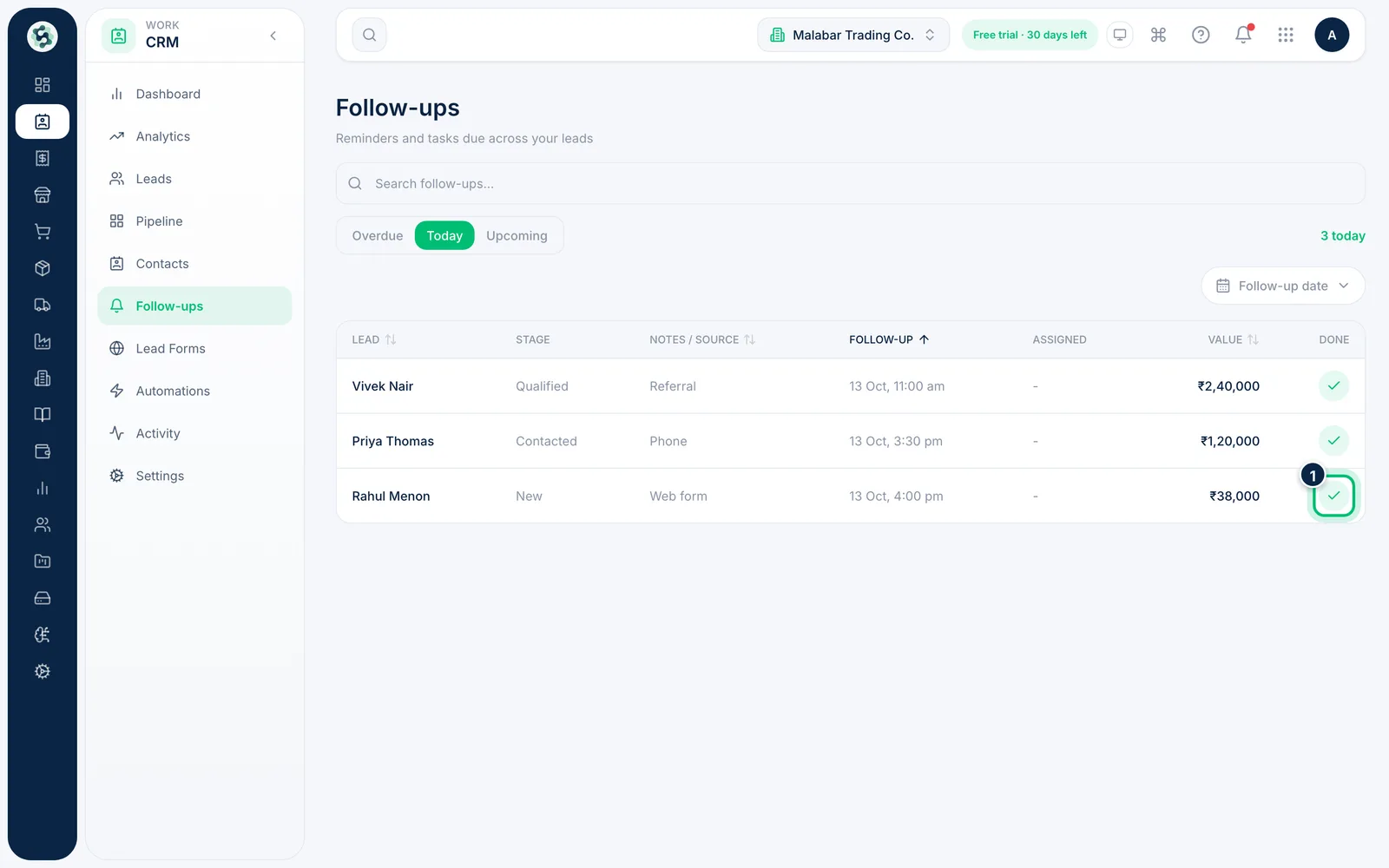 Scalar360 screen: Mark a follow-up done