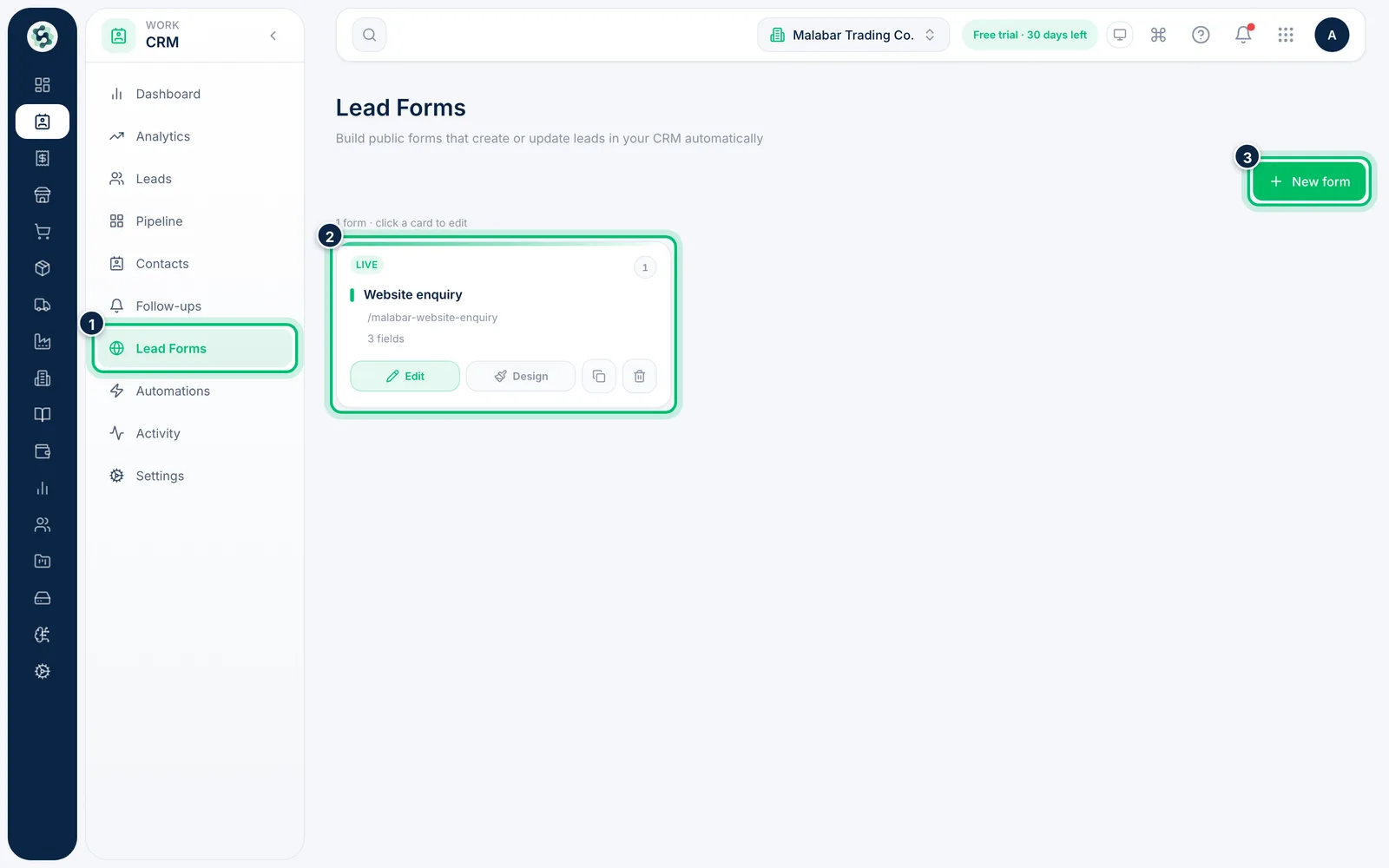 Scalar360 screen: Open Lead Forms