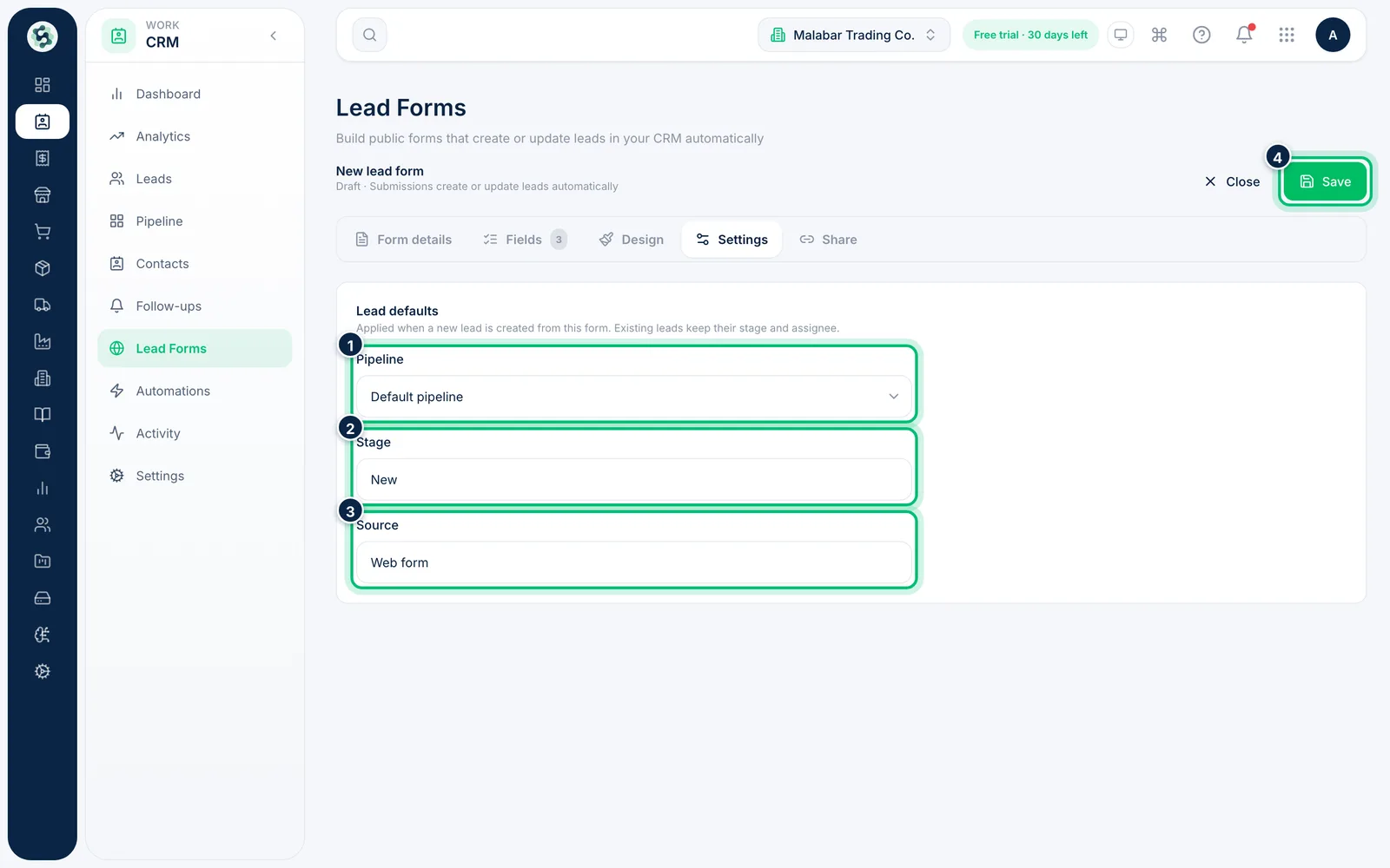 Scalar360 screen: Set where new leads go