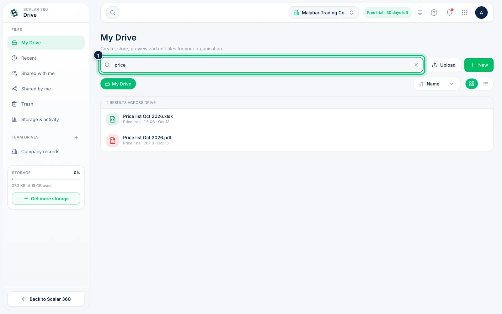 Scalar360 screen: Search all of Drive