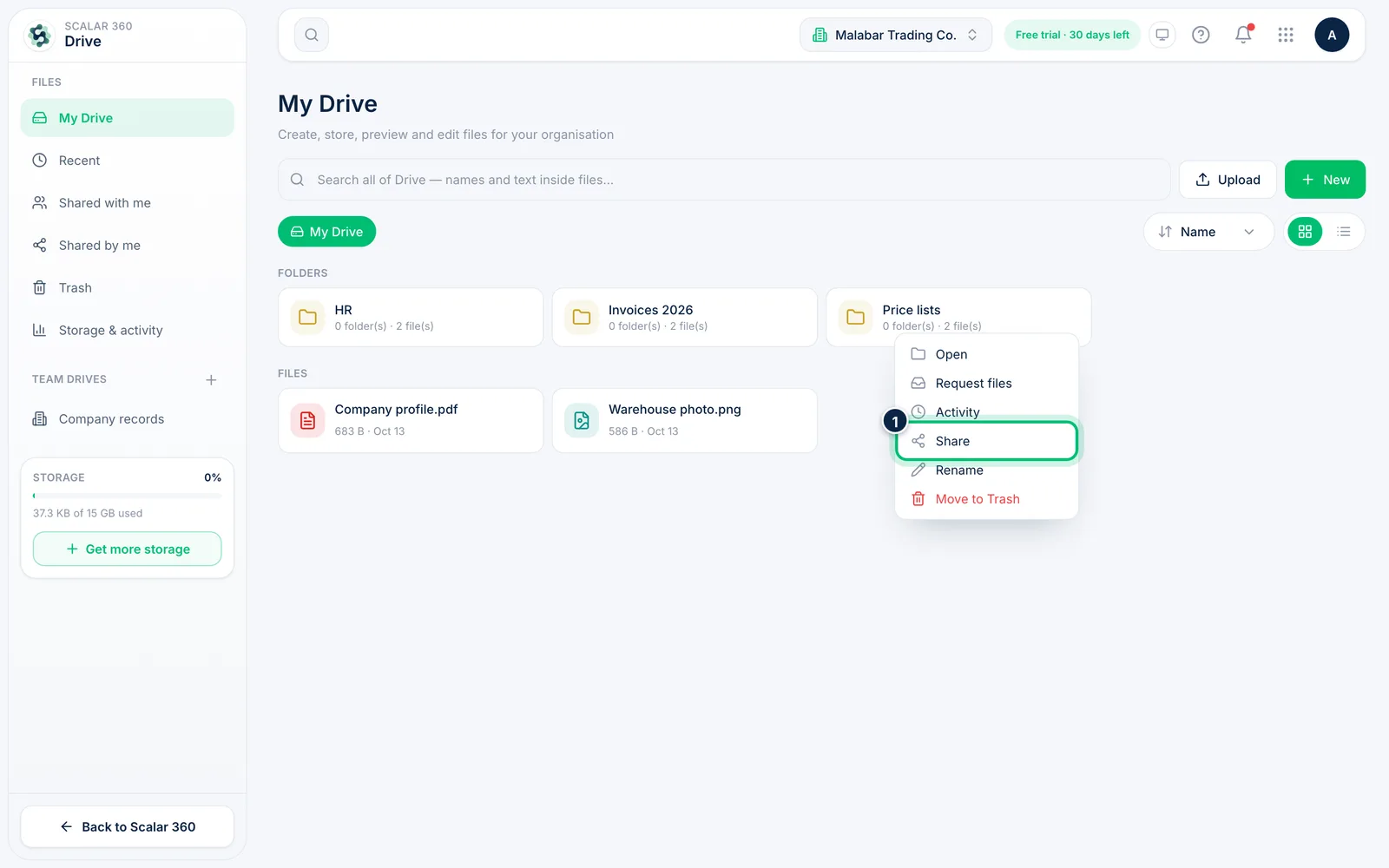 Scalar360 screen: Open the Share dialog
