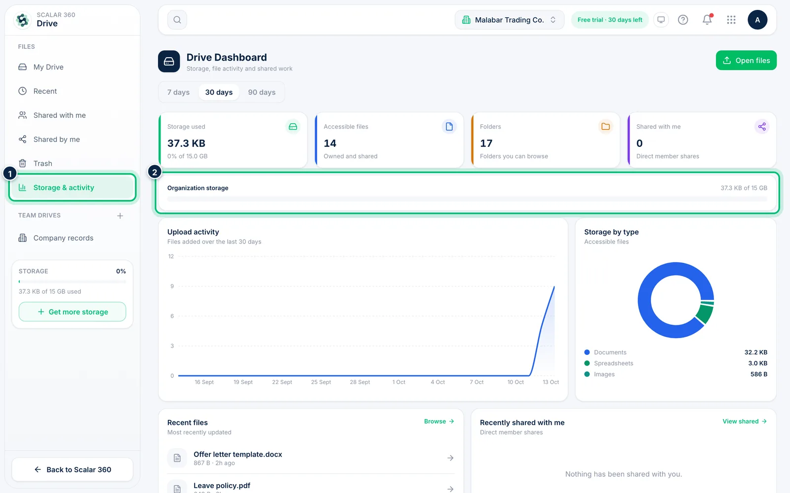 Scalar360 screen: Open Storage & activity