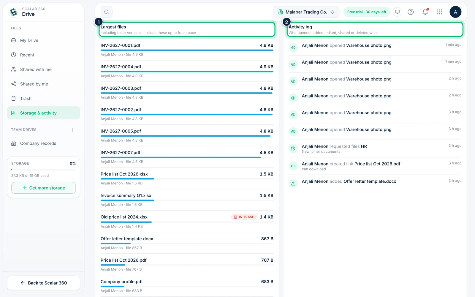 Scalar360 screen: Find big files and follow the activity log