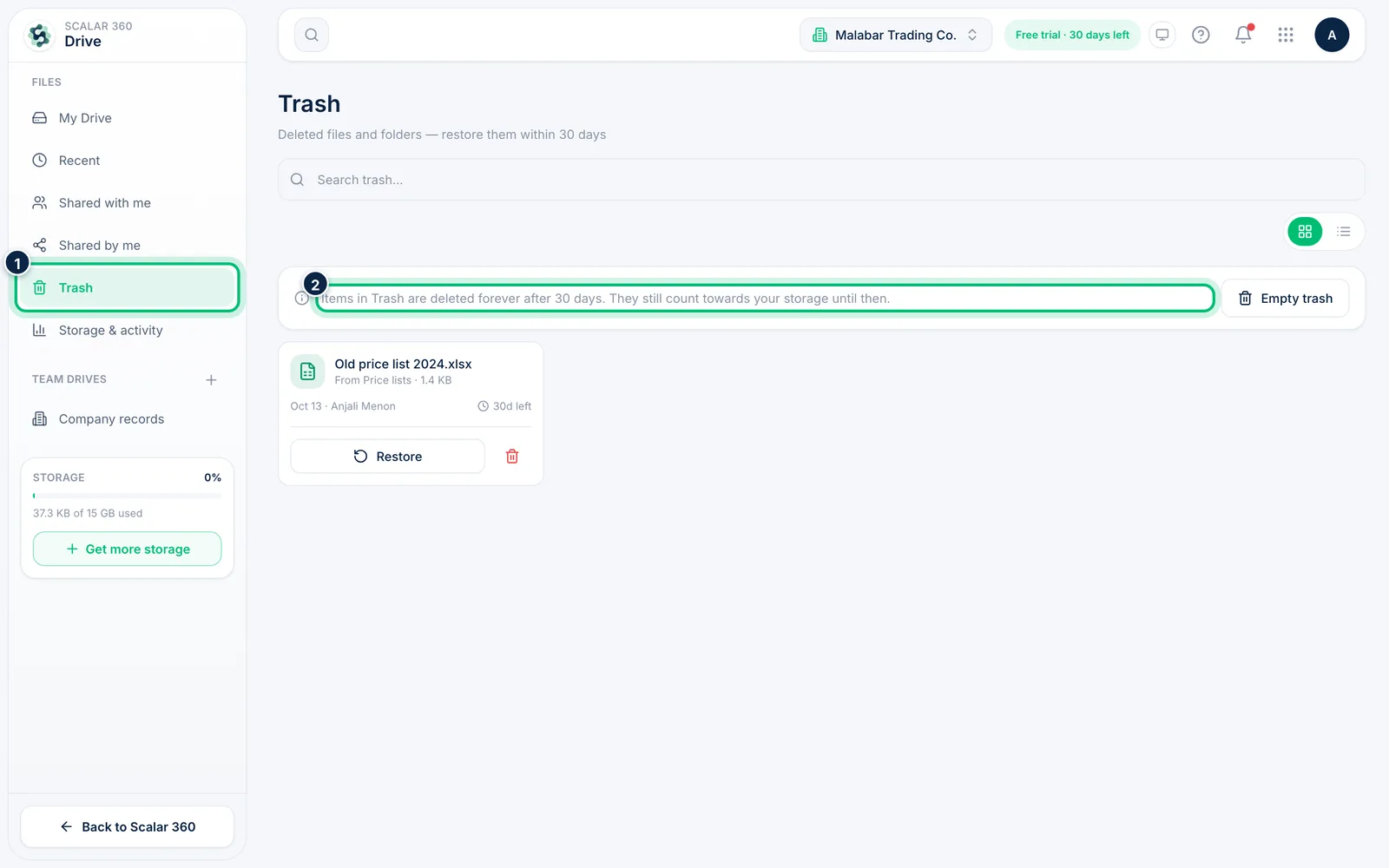 Scalar360 screen: Open Trash