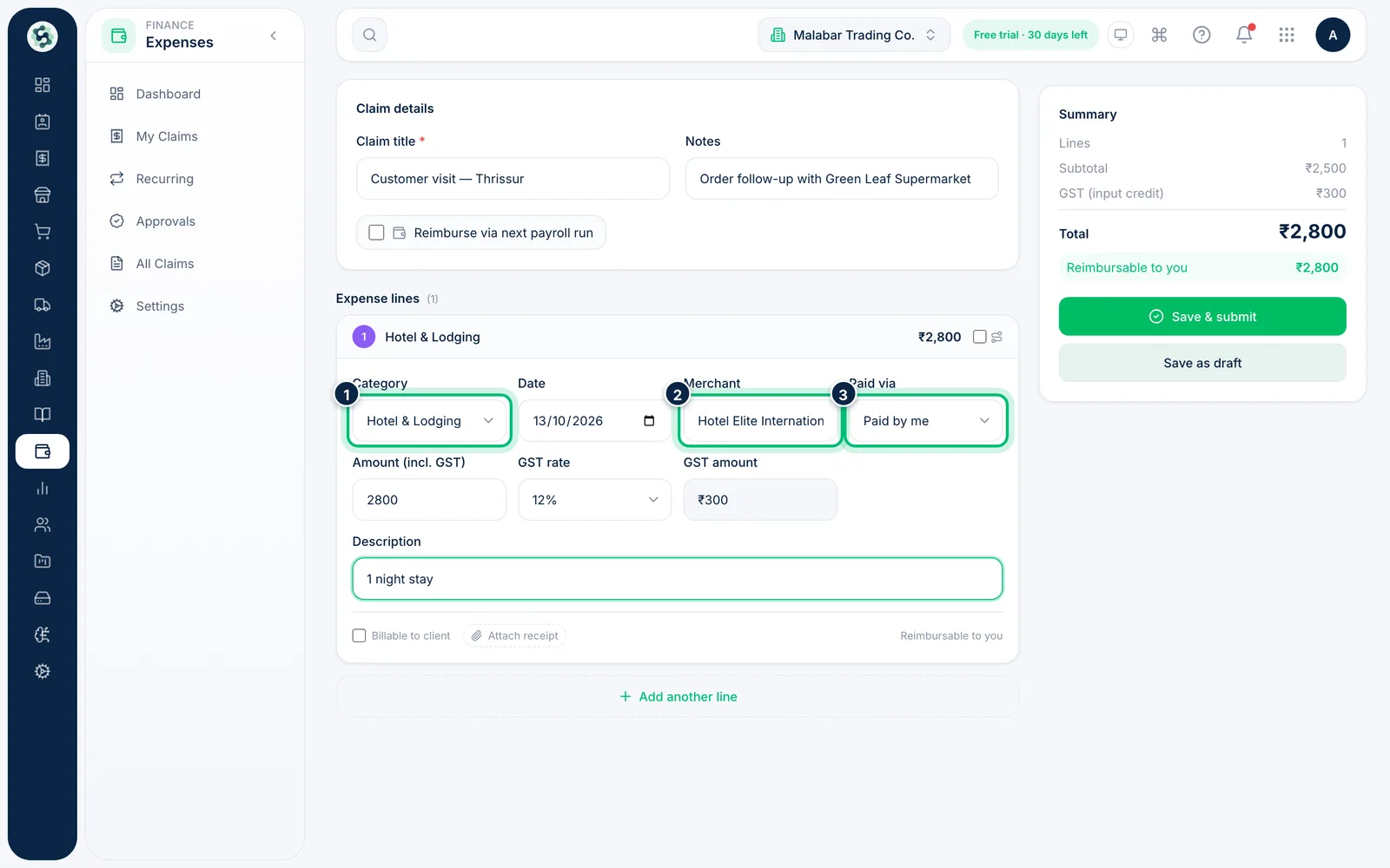 Scalar360 screen: Fill in the expense line