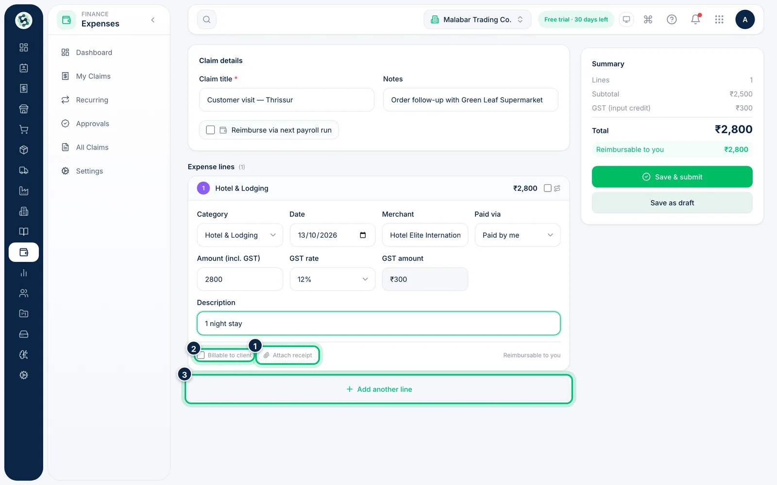 Scalar360 screen: Attach the receipt and add more lines