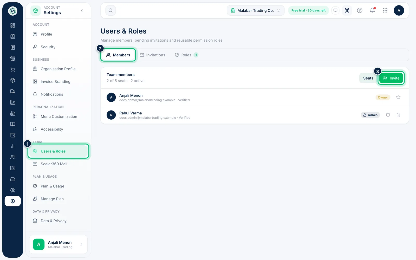 Scalar360 screen: Open Users & Roles
