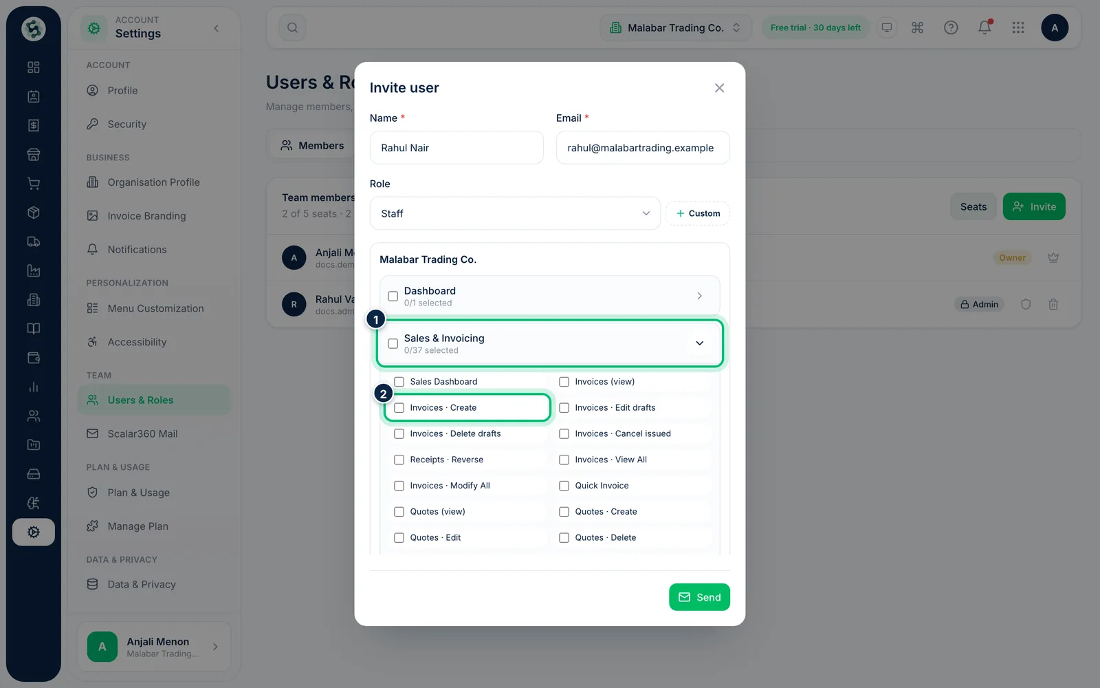Scalar360 screen: Fine-tune their permissions