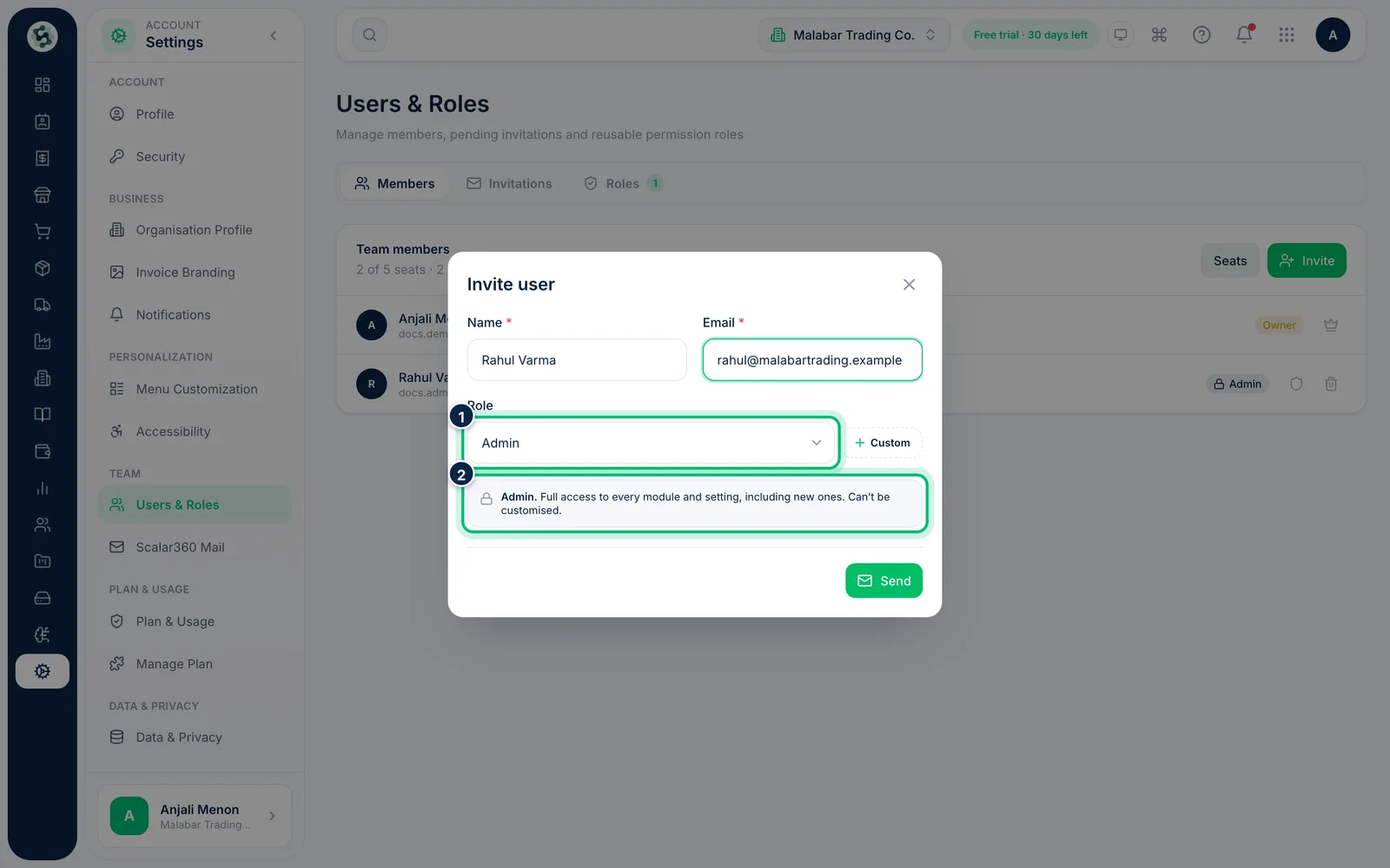 Scalar360 screen: Give full access with the Admin role