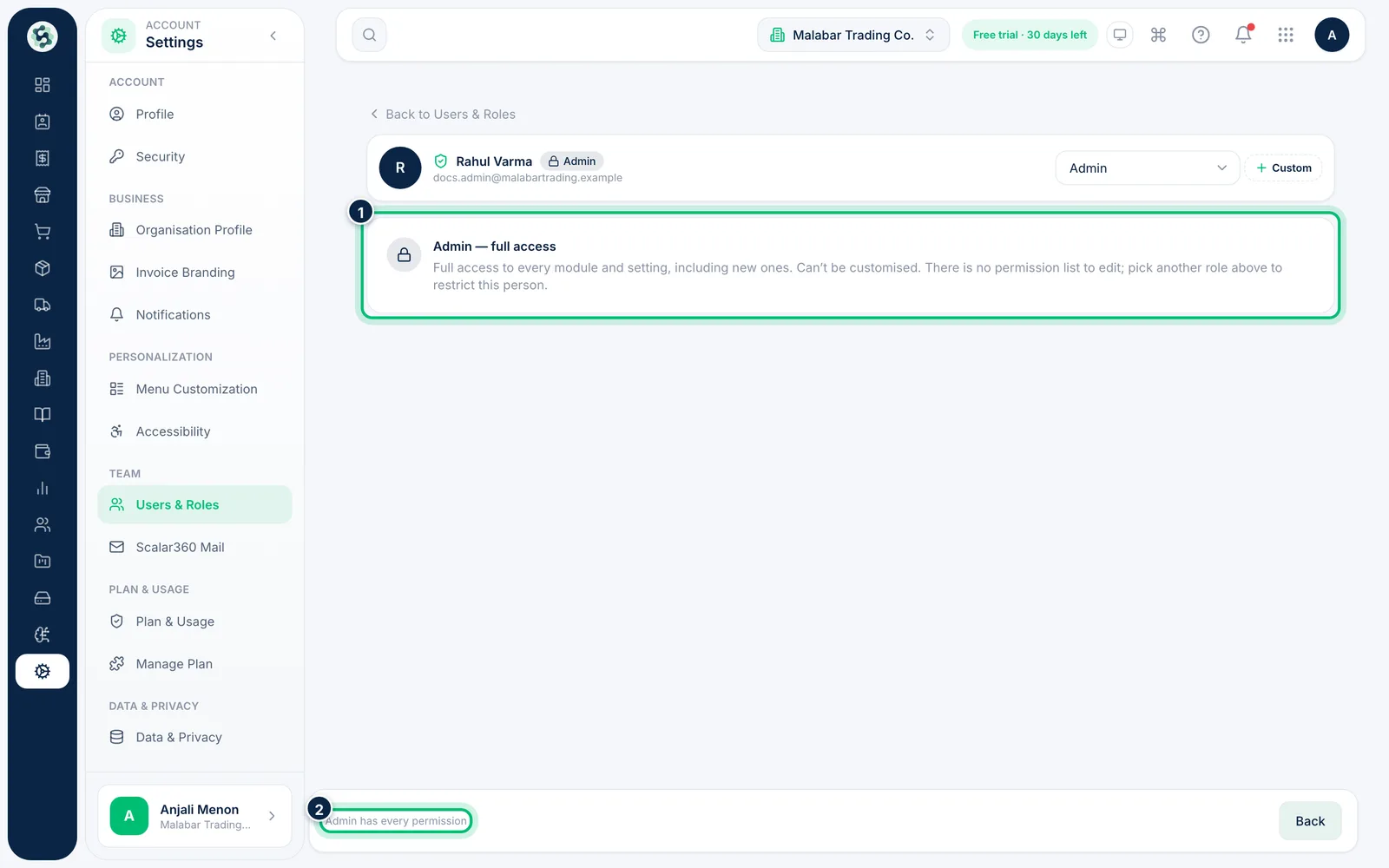 Scalar360 screen: Check an Admin's access