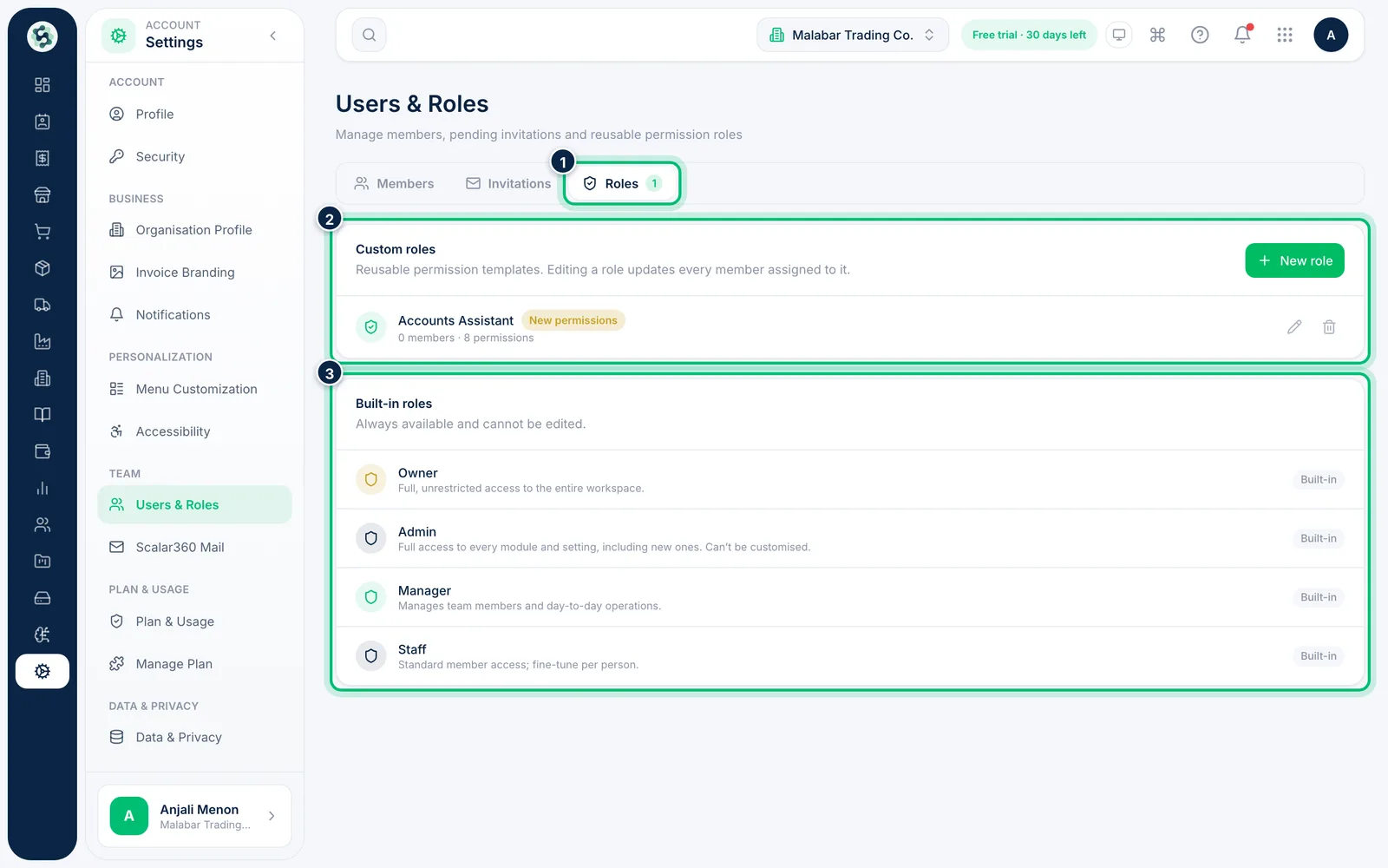 Scalar360 screen: Check the roles you have