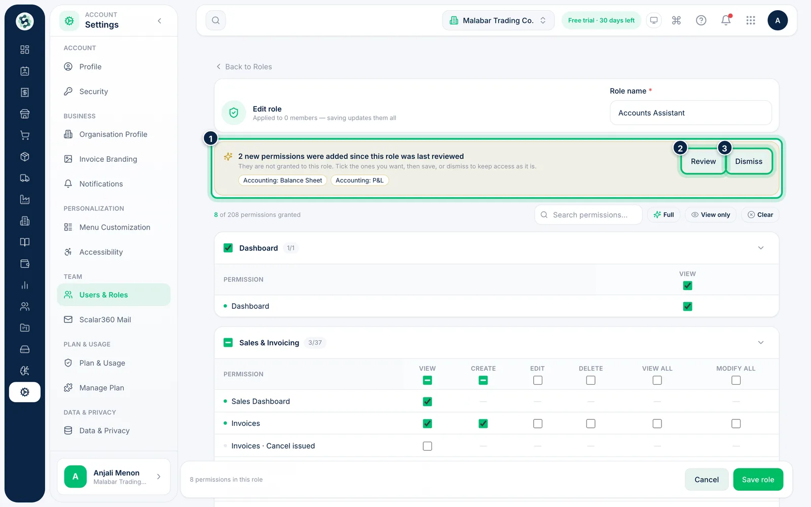 Scalar360 screen: Review new permissions on a custom role
