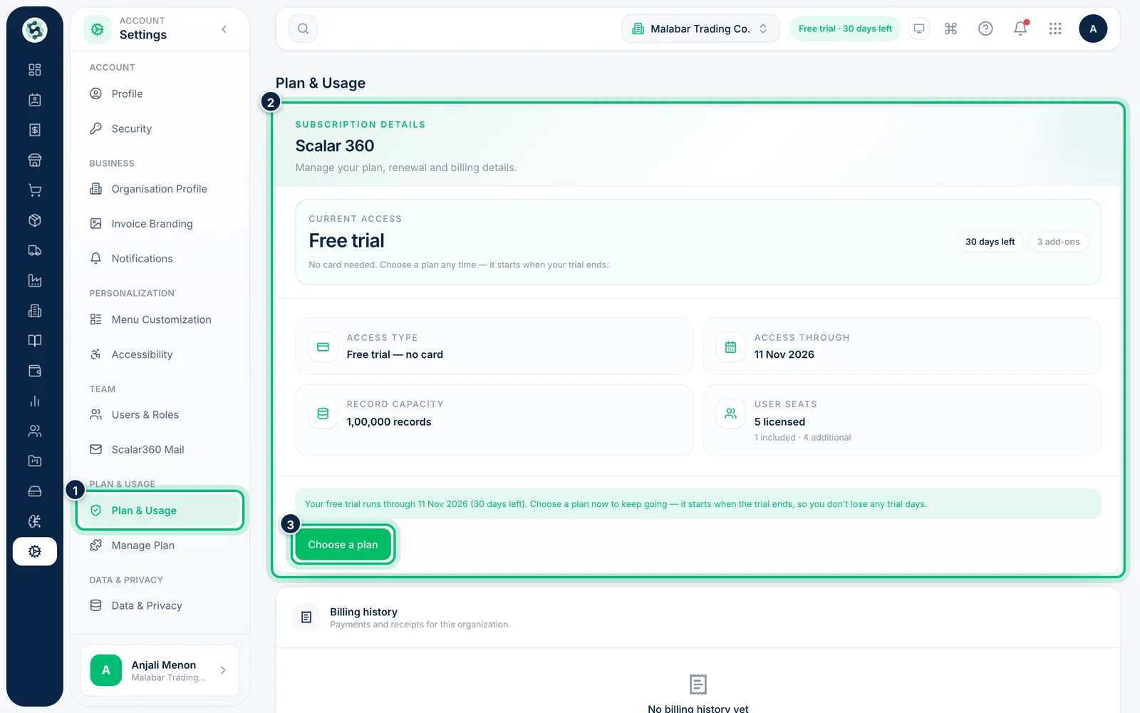 Scalar360 screen: Check Plan & Usage