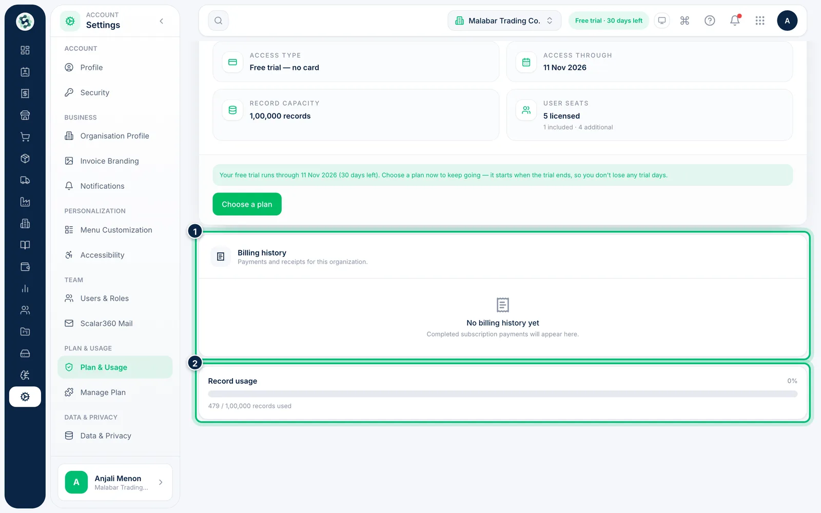 Scalar360 screen: Review billing history and record usage