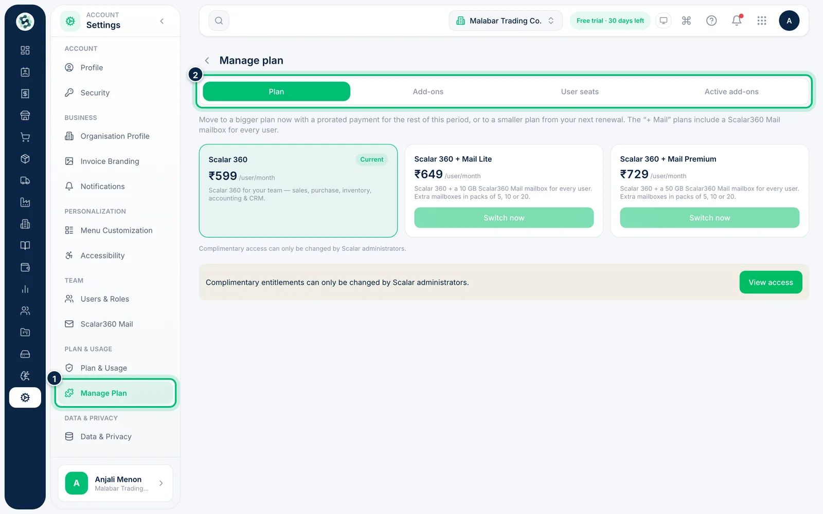 Scalar360 screen: Manage your plan, add-ons and seats